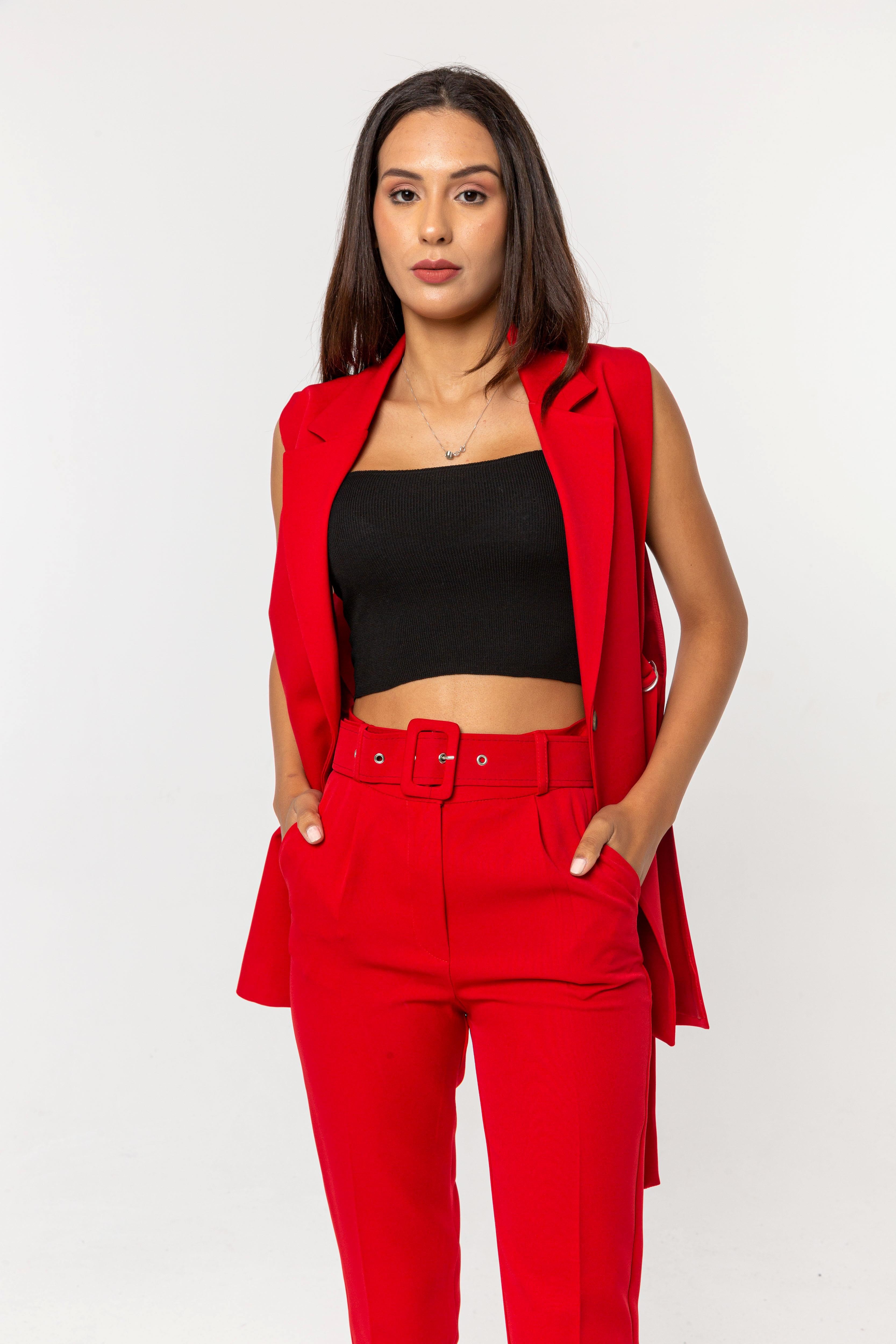 Modern Elegance Kemerli Kırmızı Pantolon