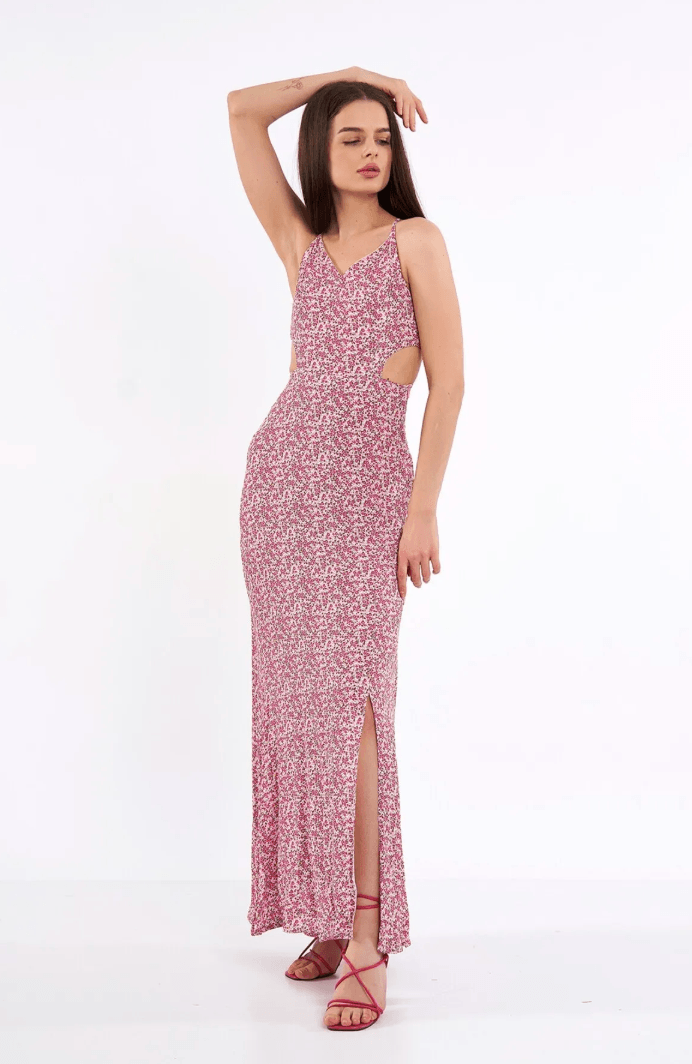 Desenli Uzun Elbise Pembe