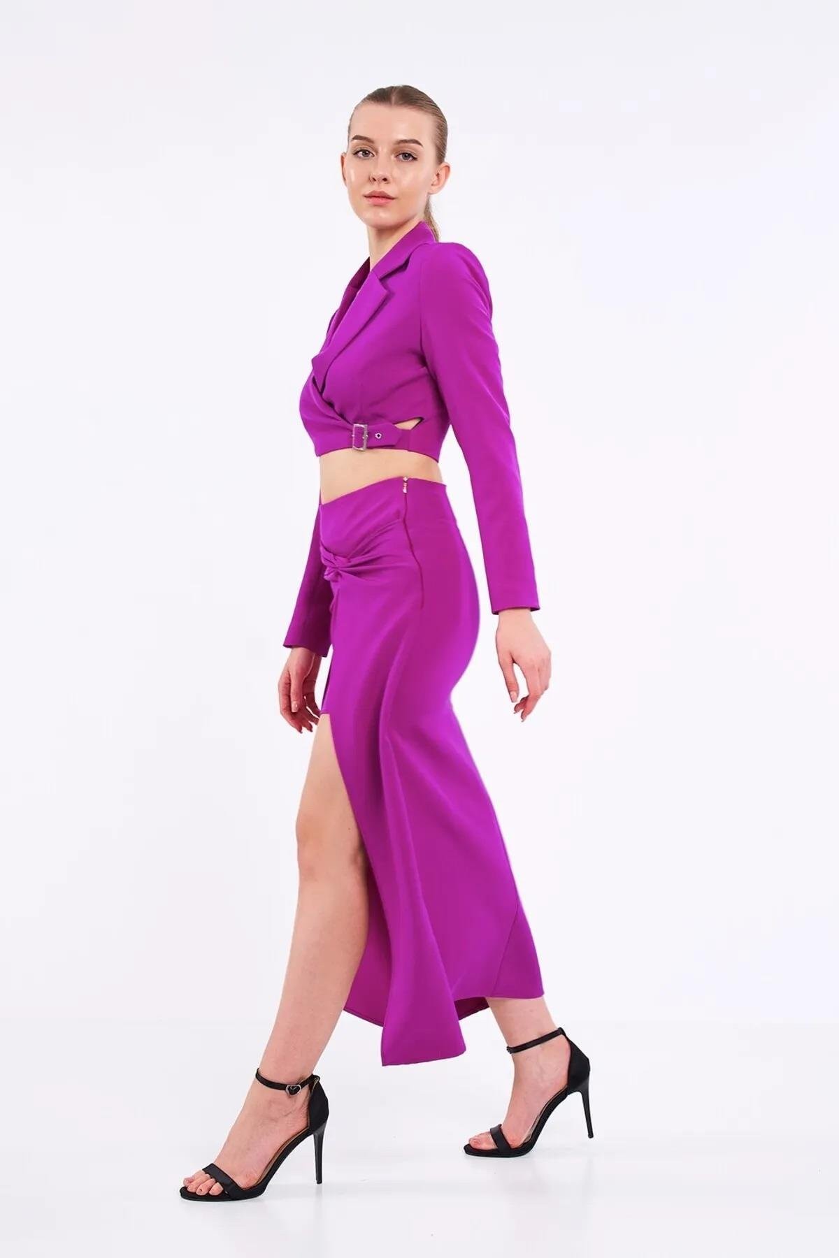 Tokalı Crop Blazer Mürdüm