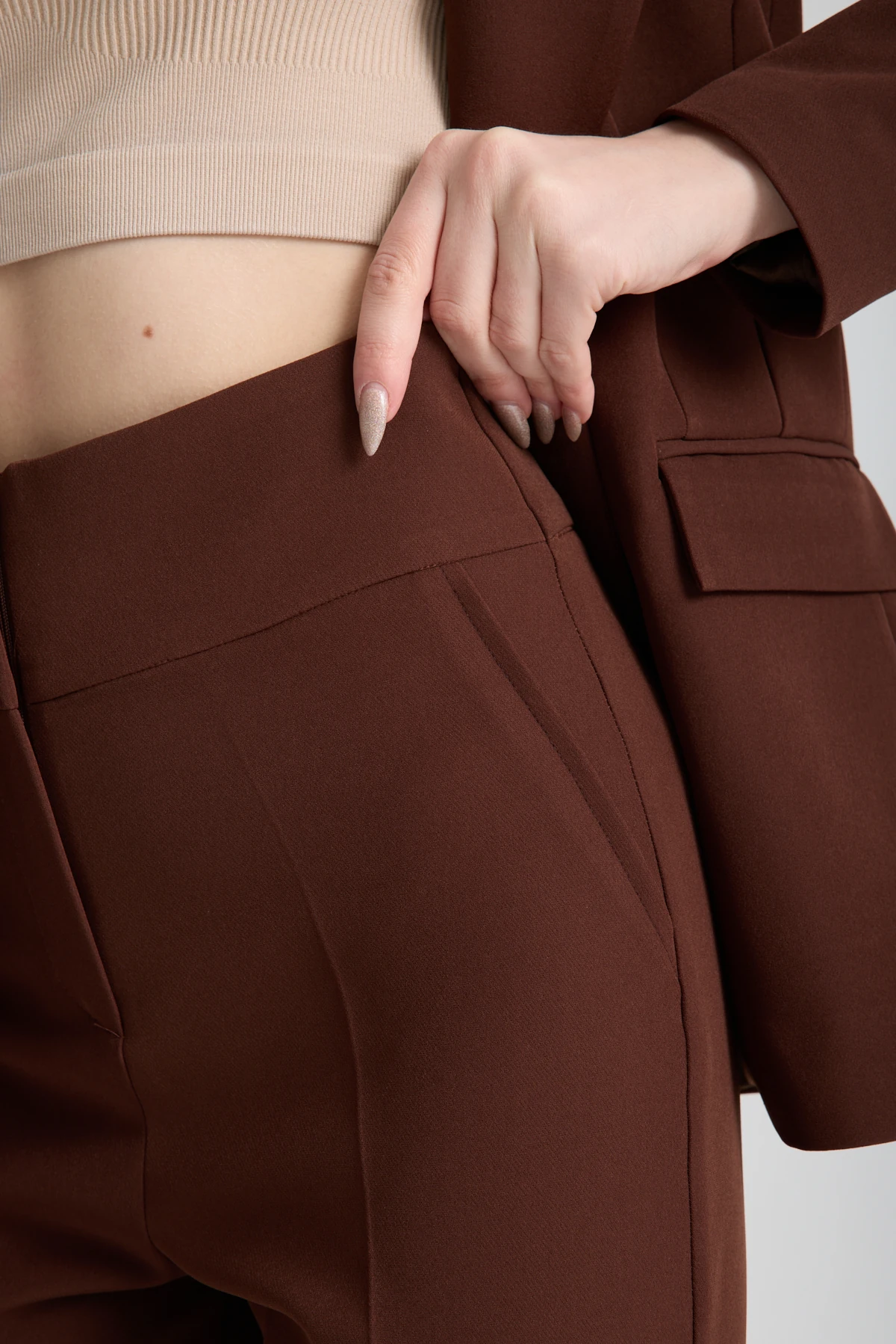 Yüksek Bel Sahte Cepli Kahverengi Pantolon