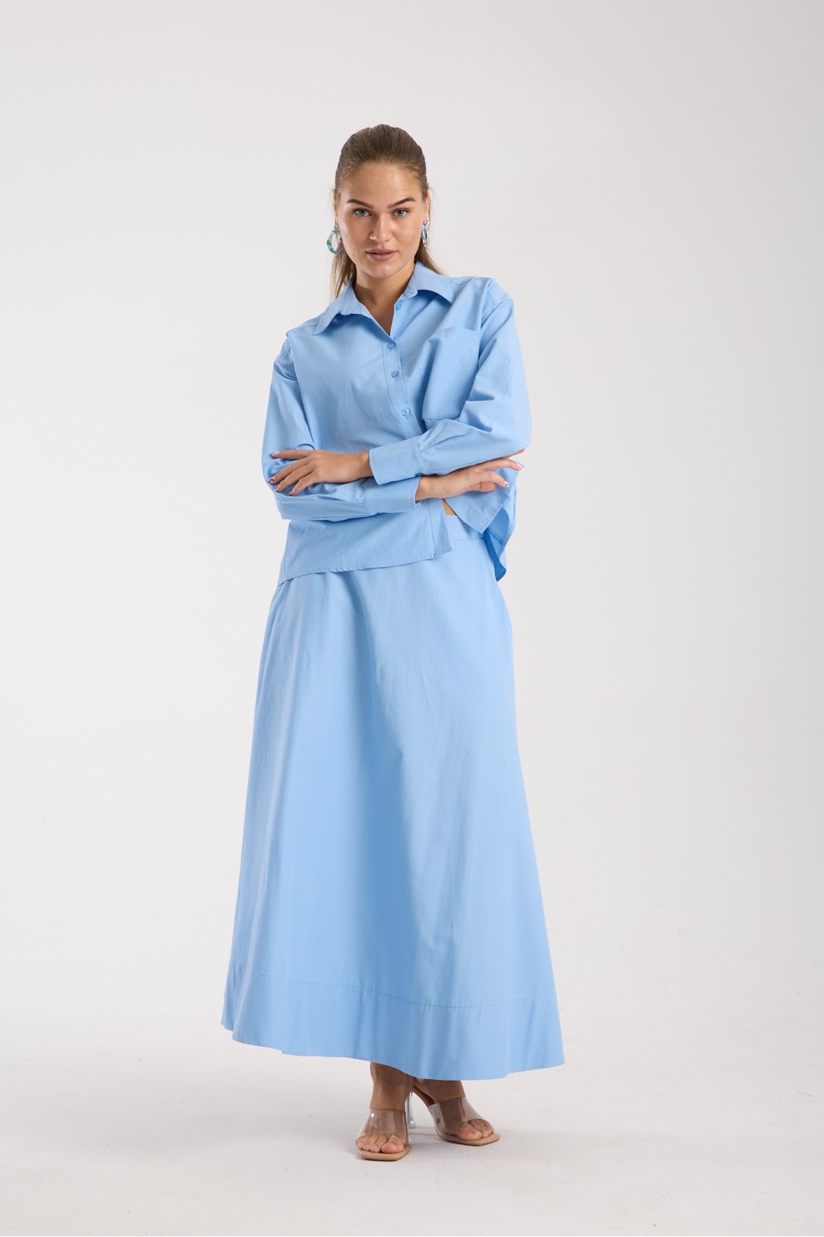 Poplin Kloş Etek ve Oversize Gömlek Ekru