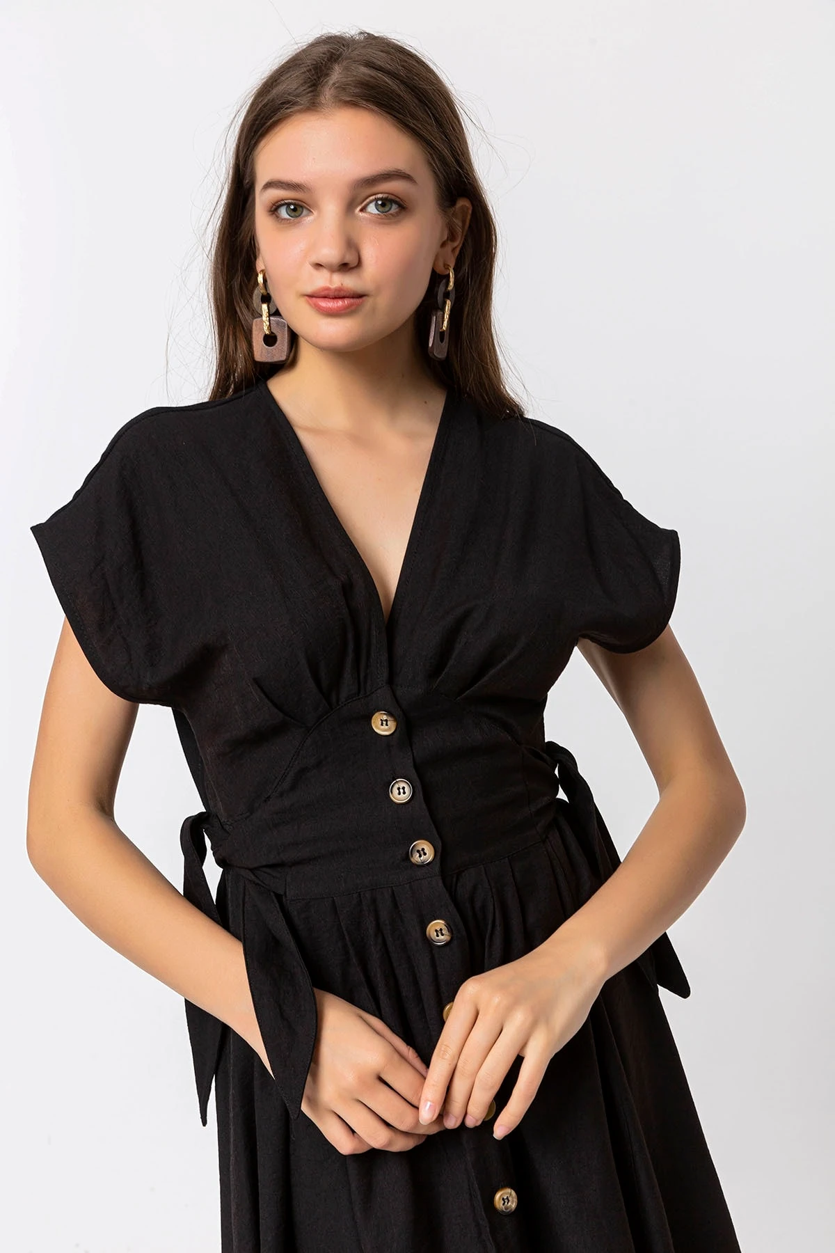 Düğmeli Midi Siyah Elbise