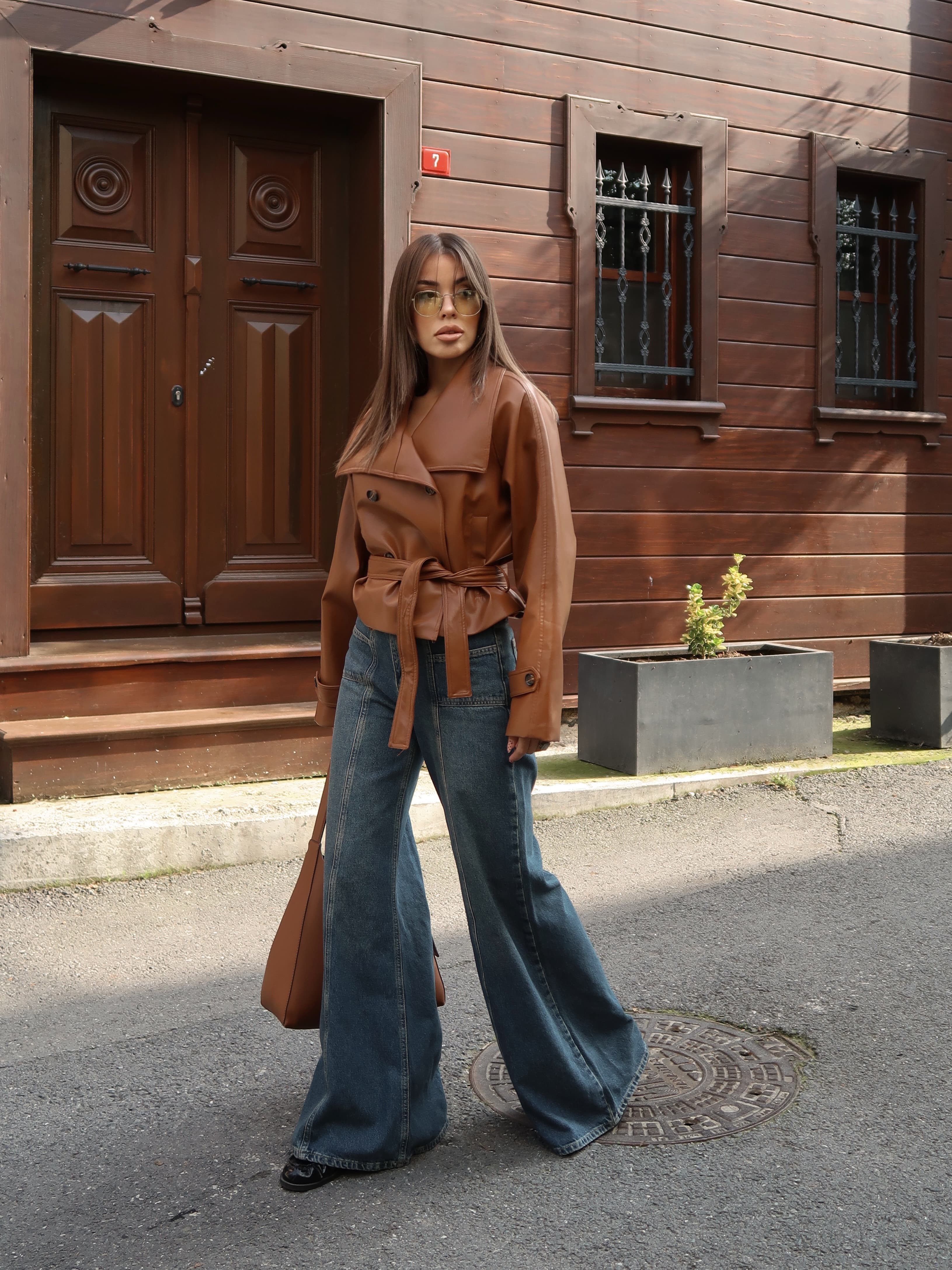 Samantha Deri Kısa Trençkot Kahverengi