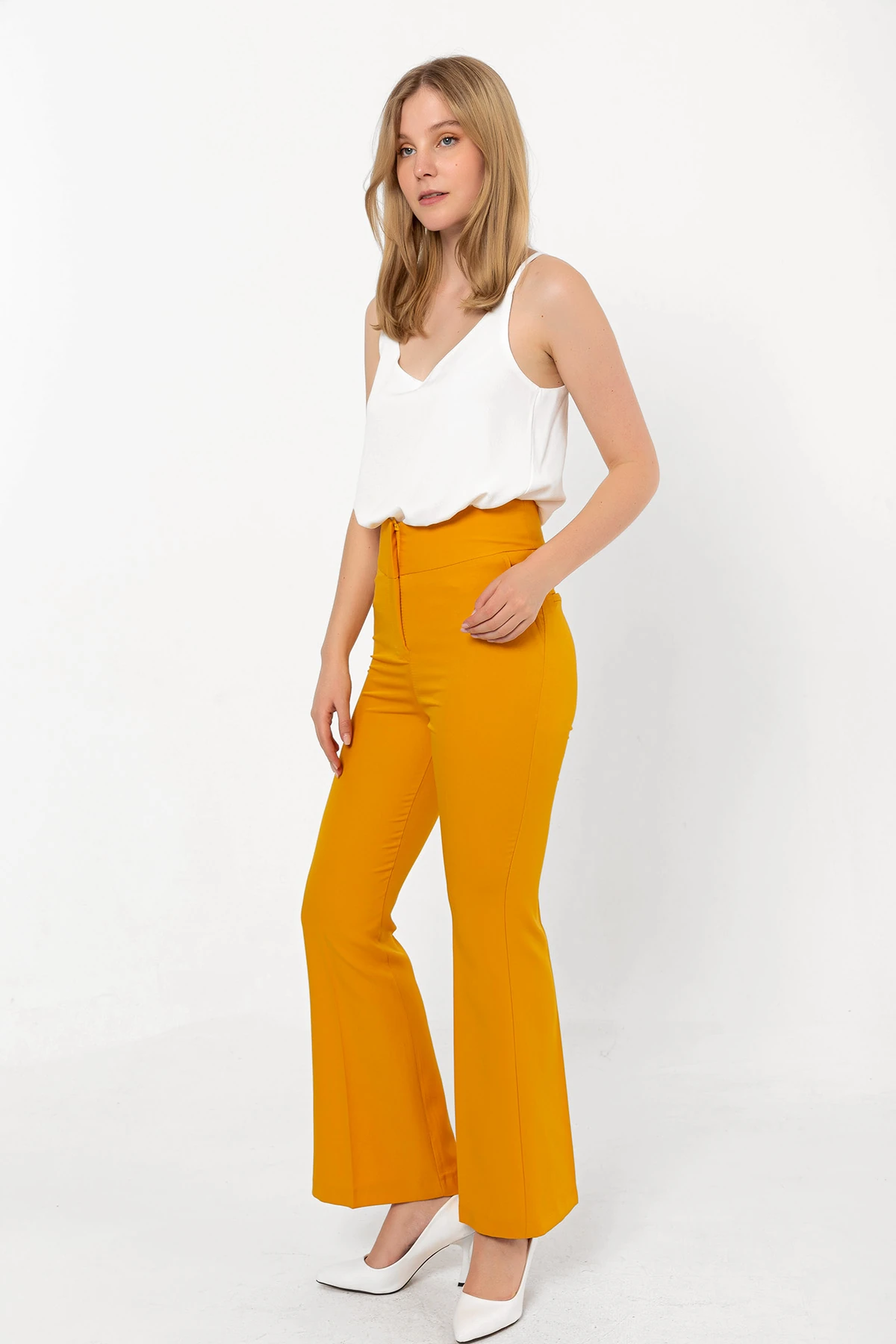 Yüksek Bel Sahte Cepli İspanyol Pantolon