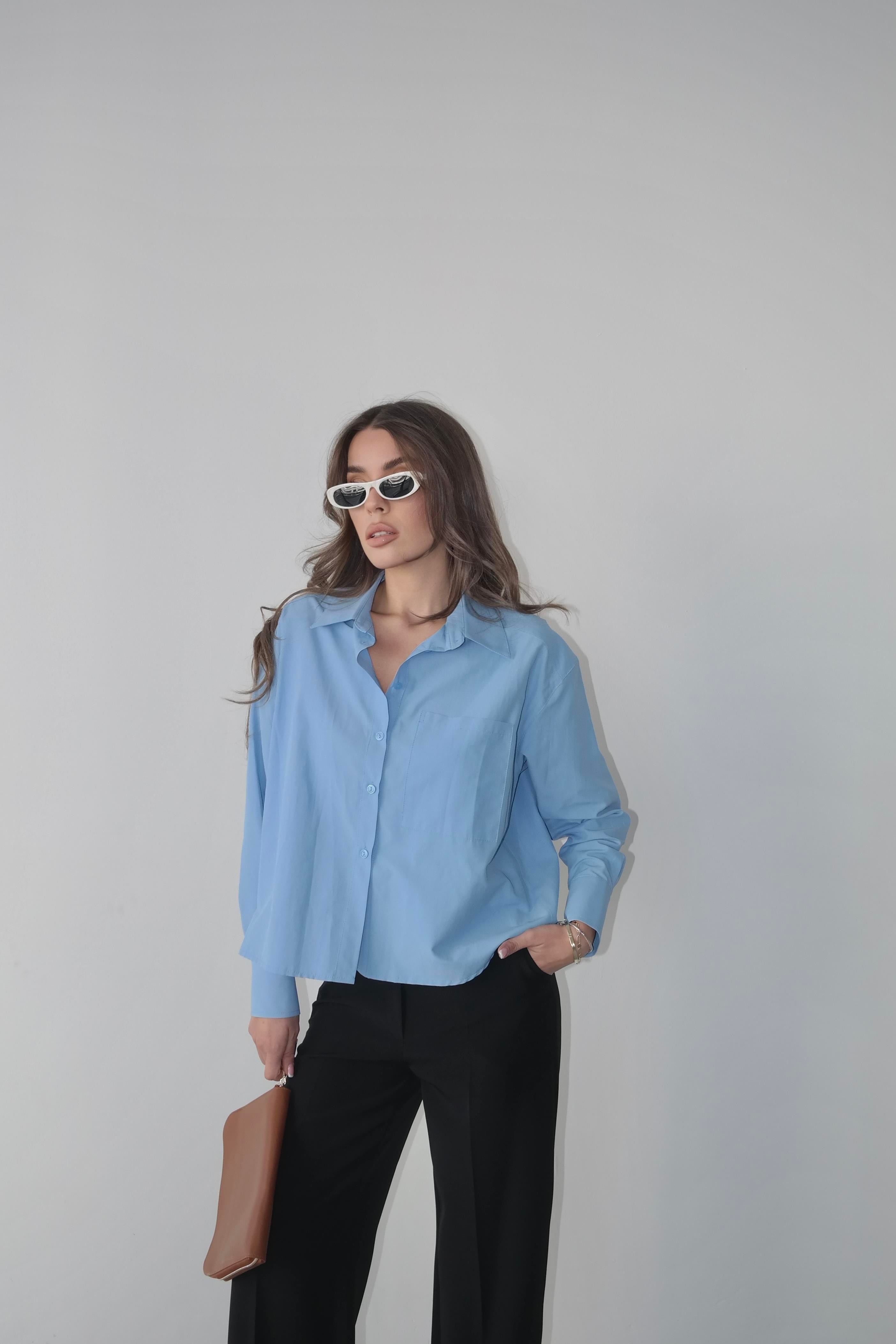 Oversize Düğmeli Kısa Gömlek Mavi
