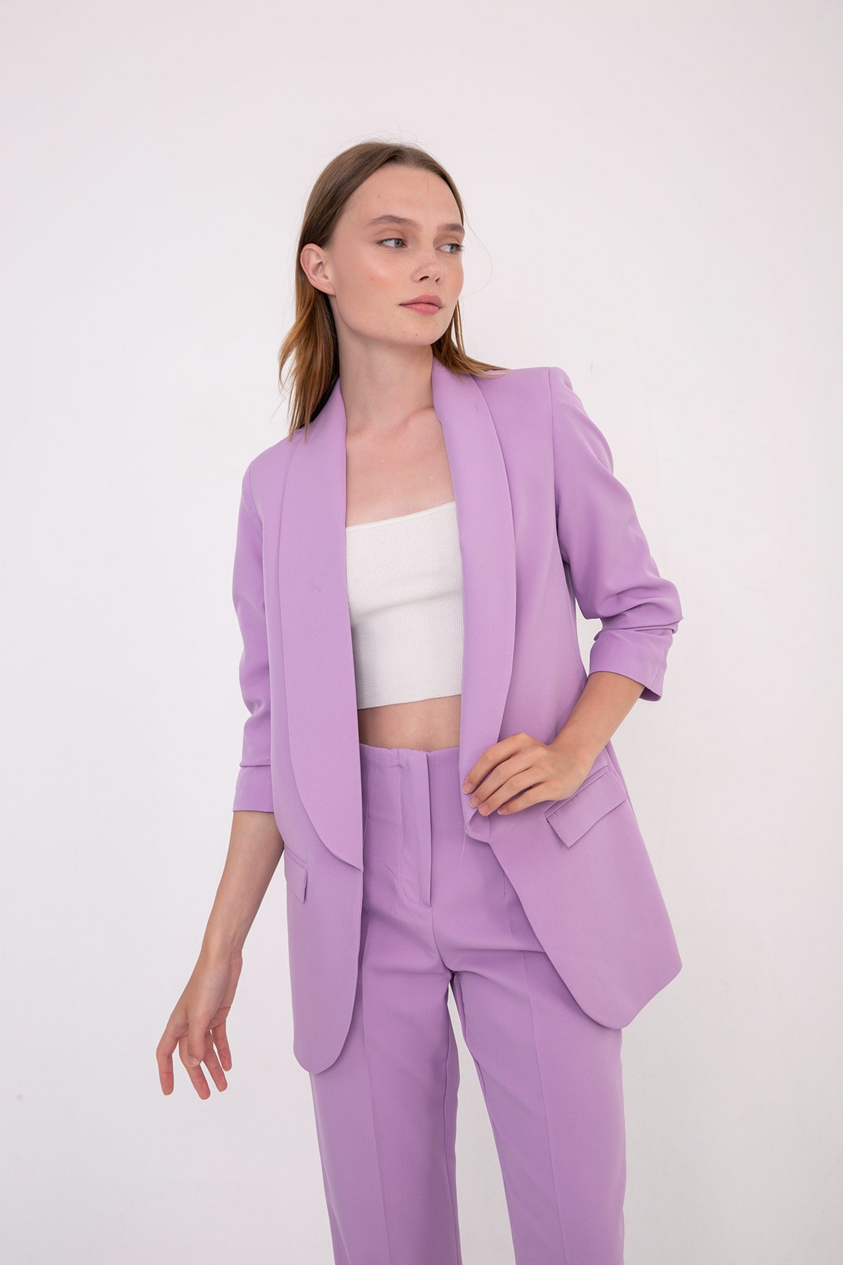 Mia Kolu Büzgülü Blazer Ceket Lila