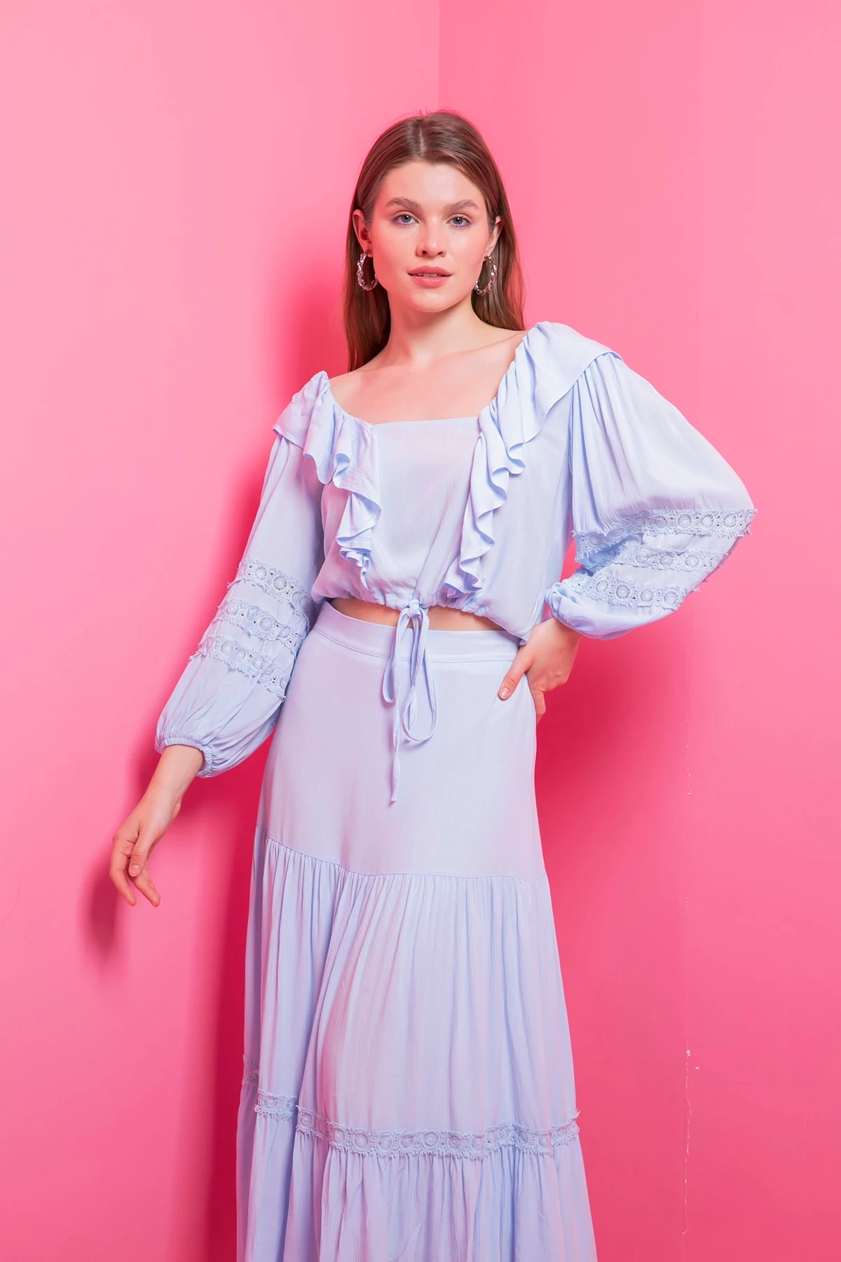 Dantel Detaylı Bluz Etek Mavi Takım