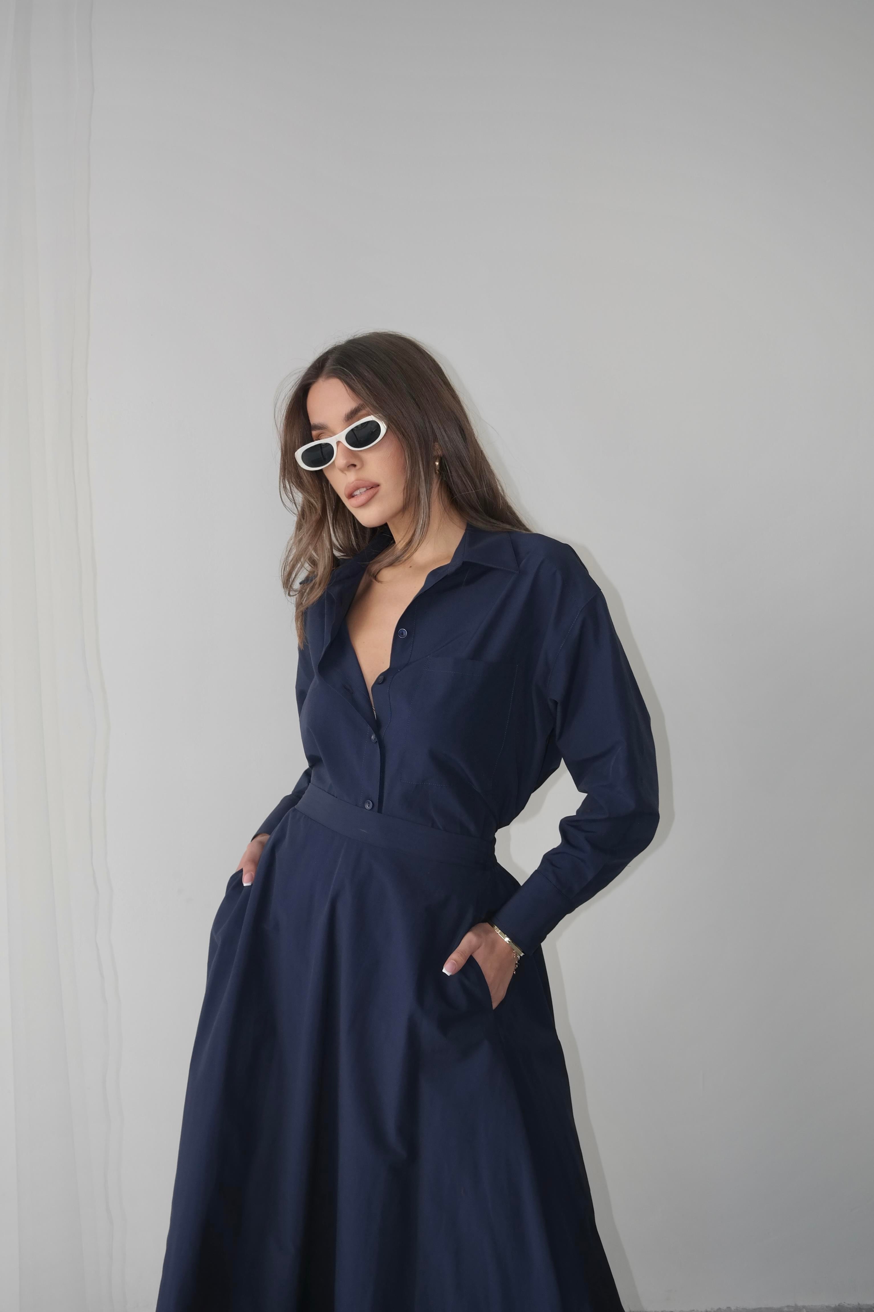 Oversize Düğmeli Kısa Gömlek Lacivert