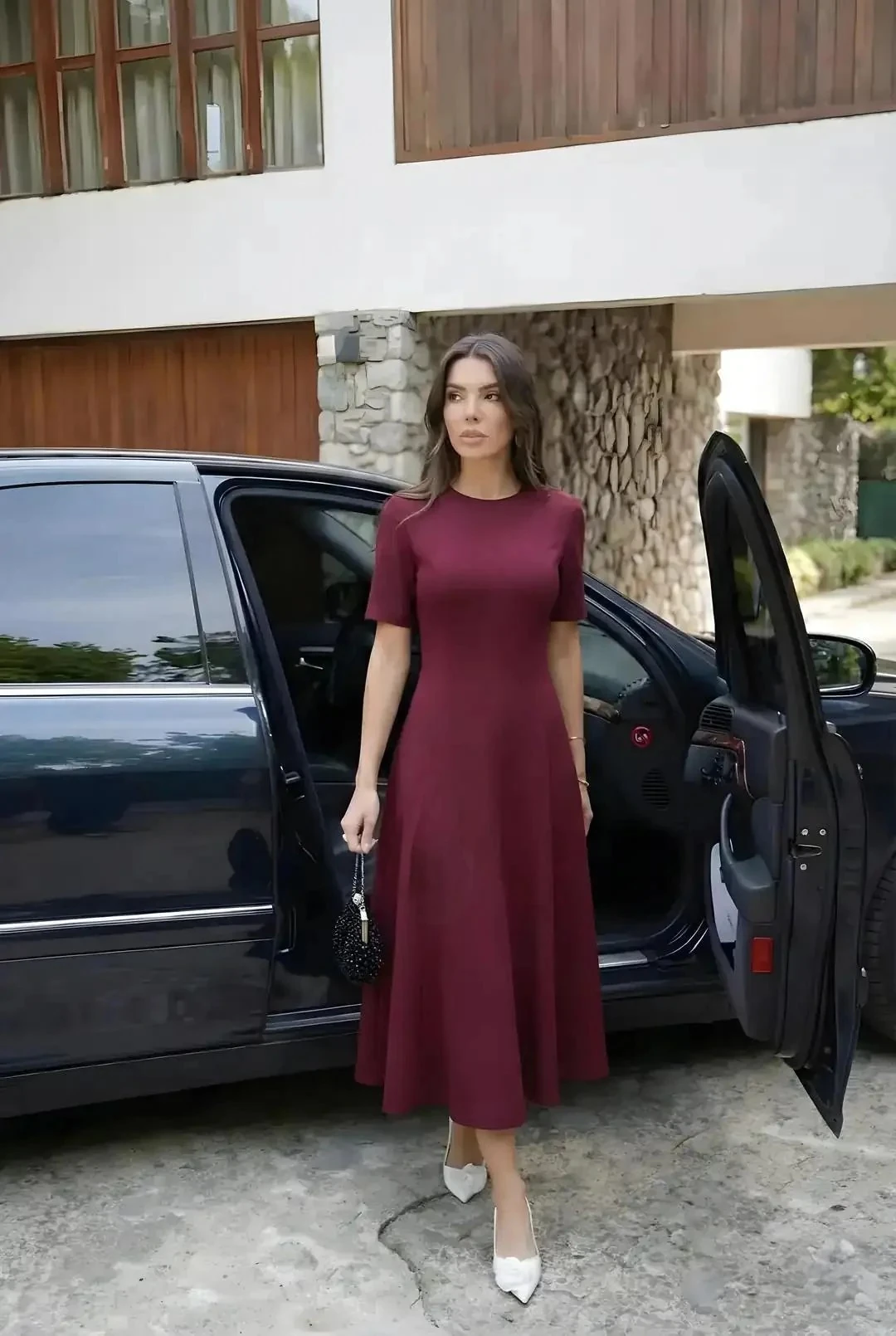 Dalie Midi Kloş Elbise Bordo