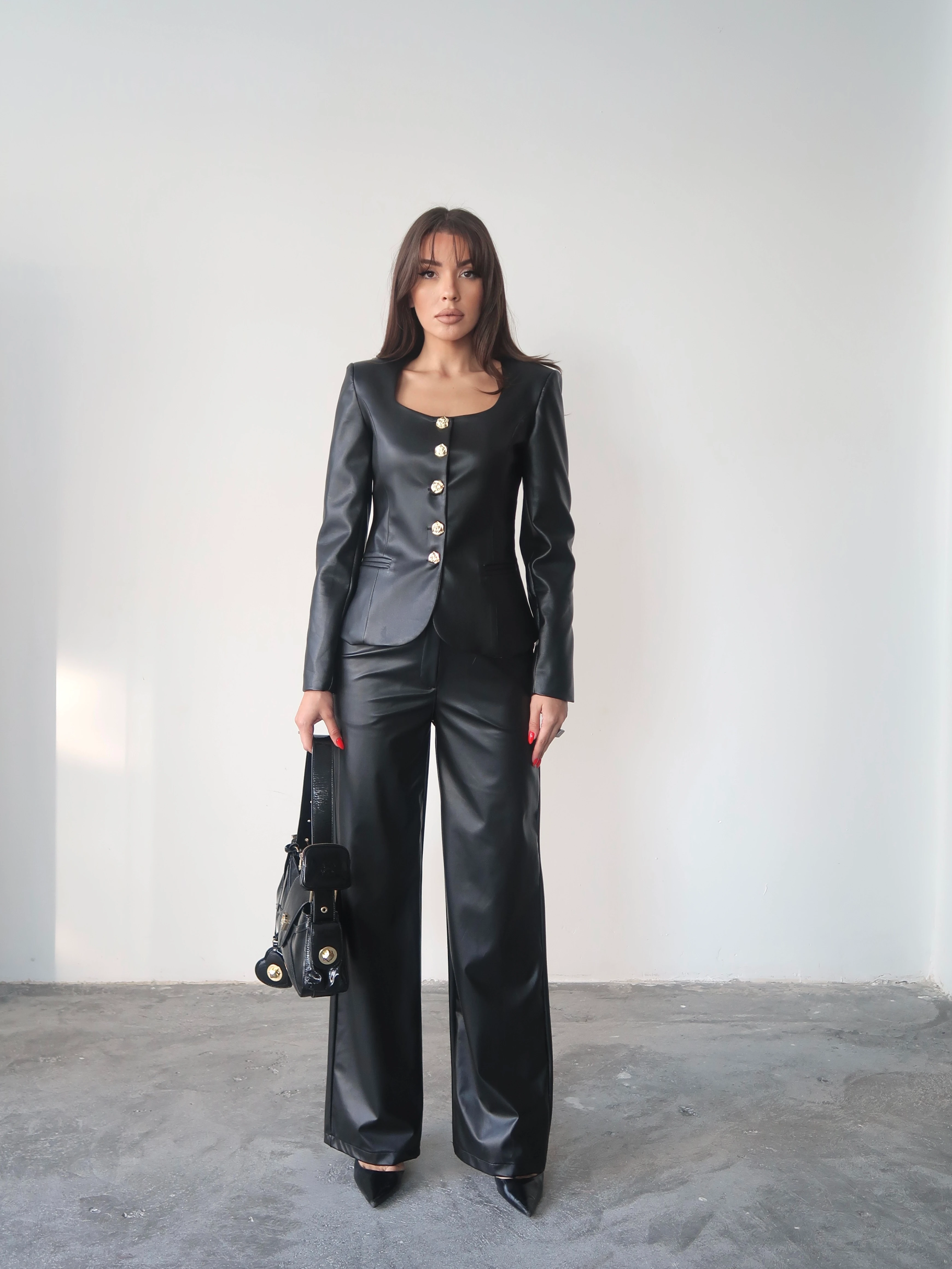 Jane Button Leather Tailored Suit Siyah