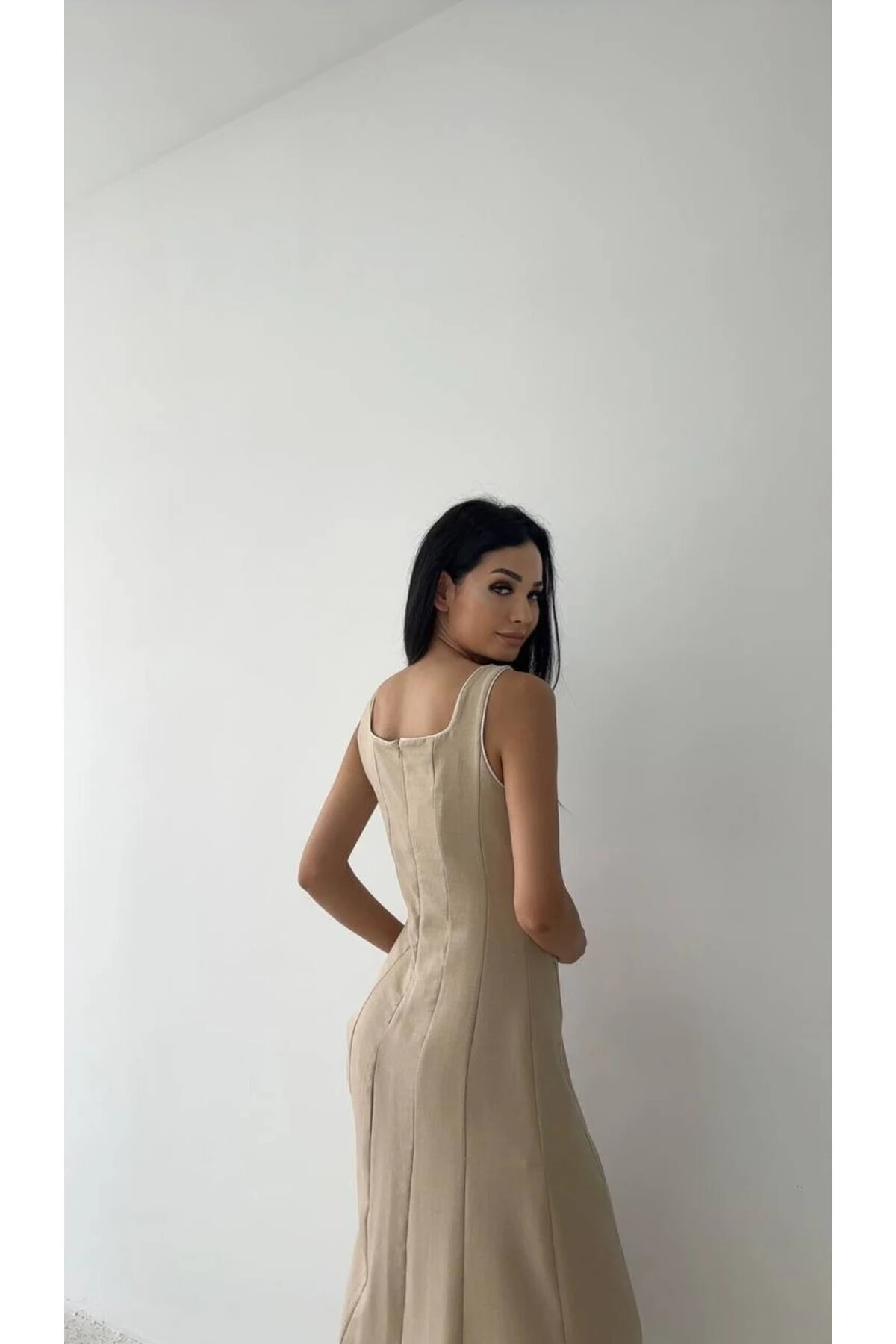 Kadın Biye Detaylı Astarlı Keten Elbise