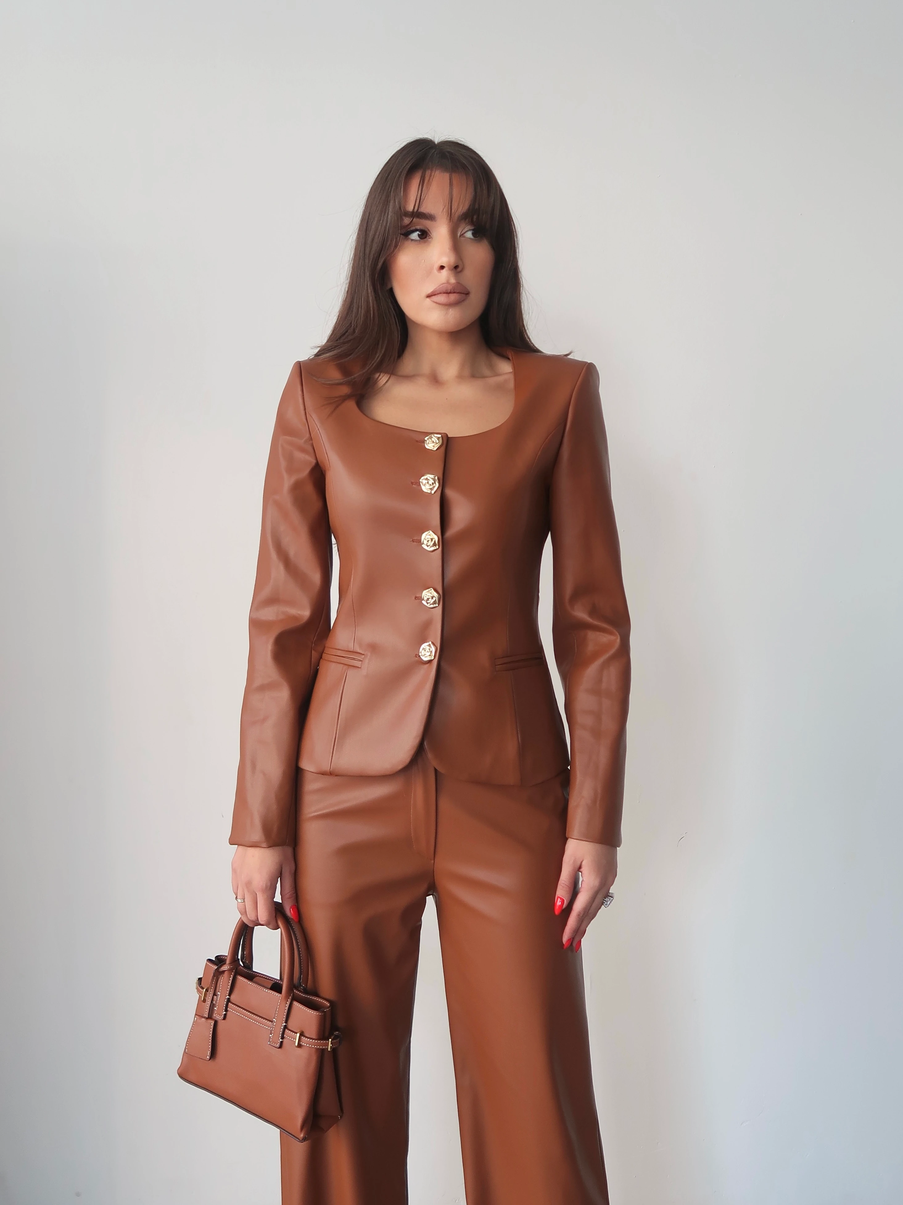 Jane Button Leather Tailored Suit Kahverengi