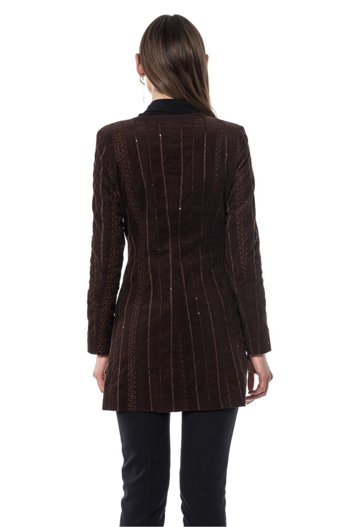 Payetli Kahverengi Blazer Kadın Ceket