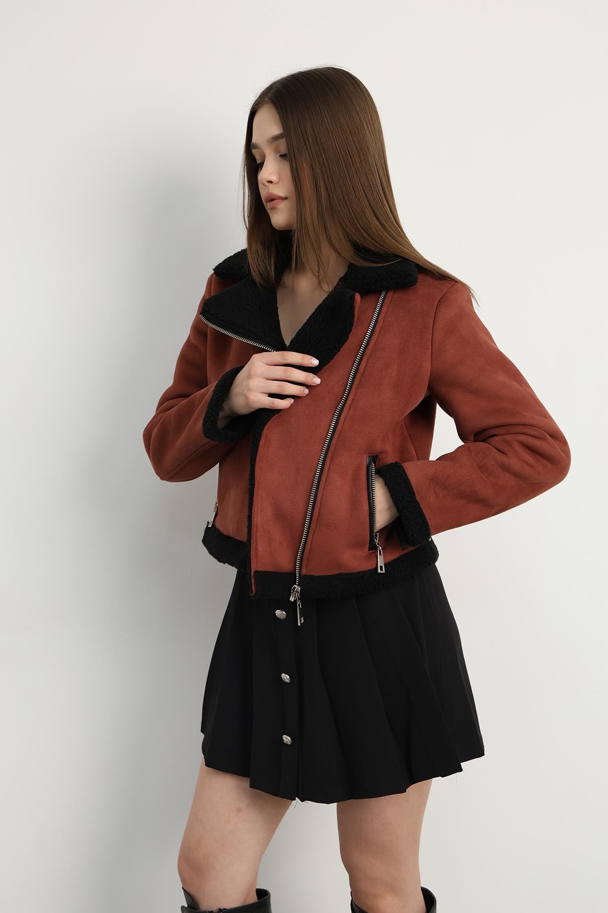 Sherpa Detaylı Süet Biker Ceket