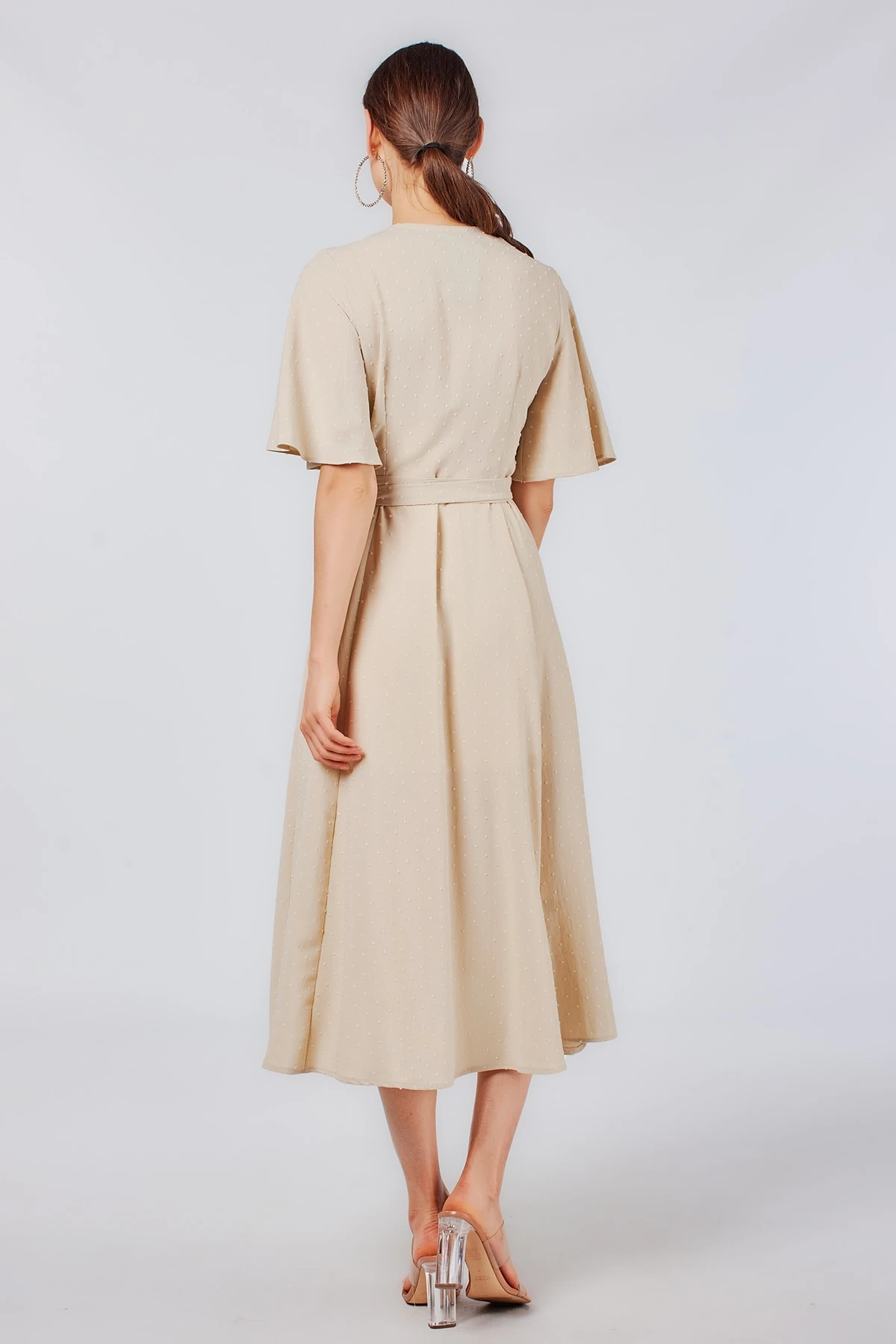 Kruvaze Midi Boy Bej Elbise