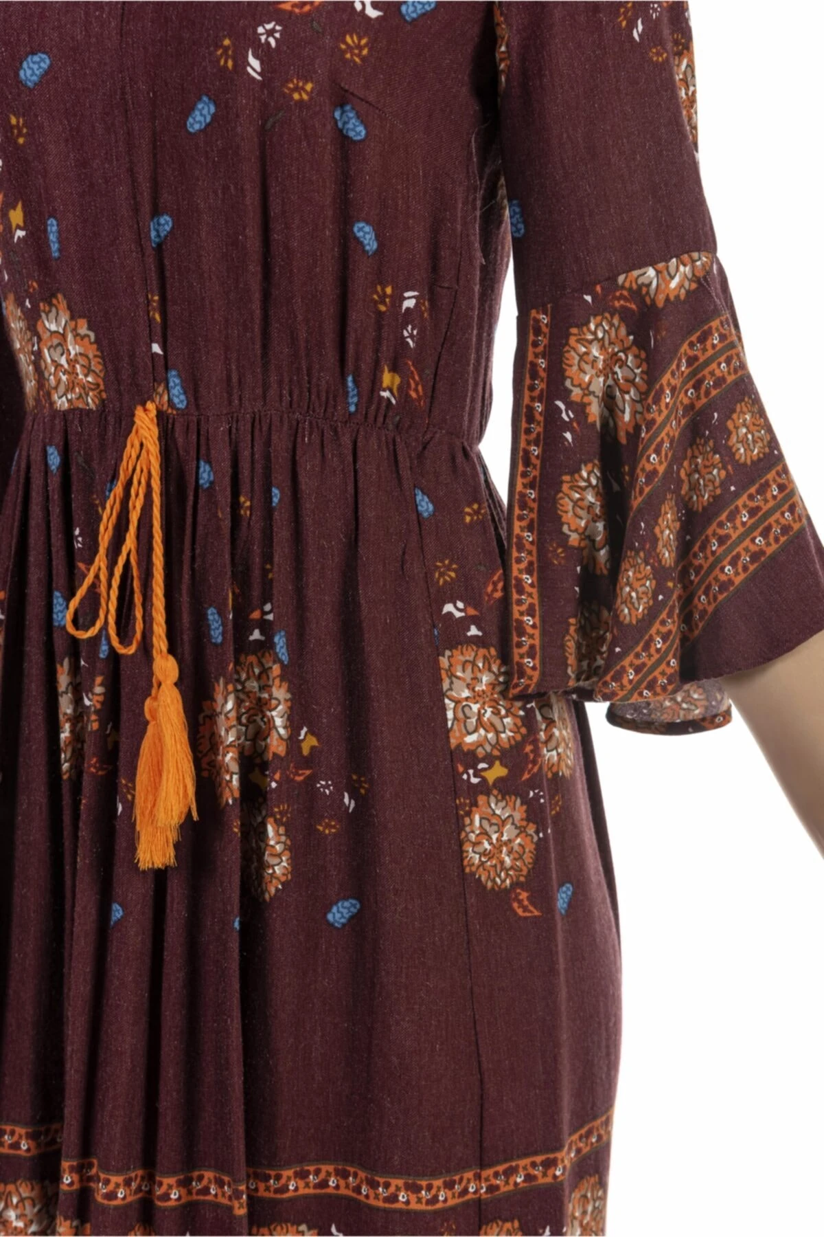 Çiçek Desenli Midi Boy Bordo Elbise