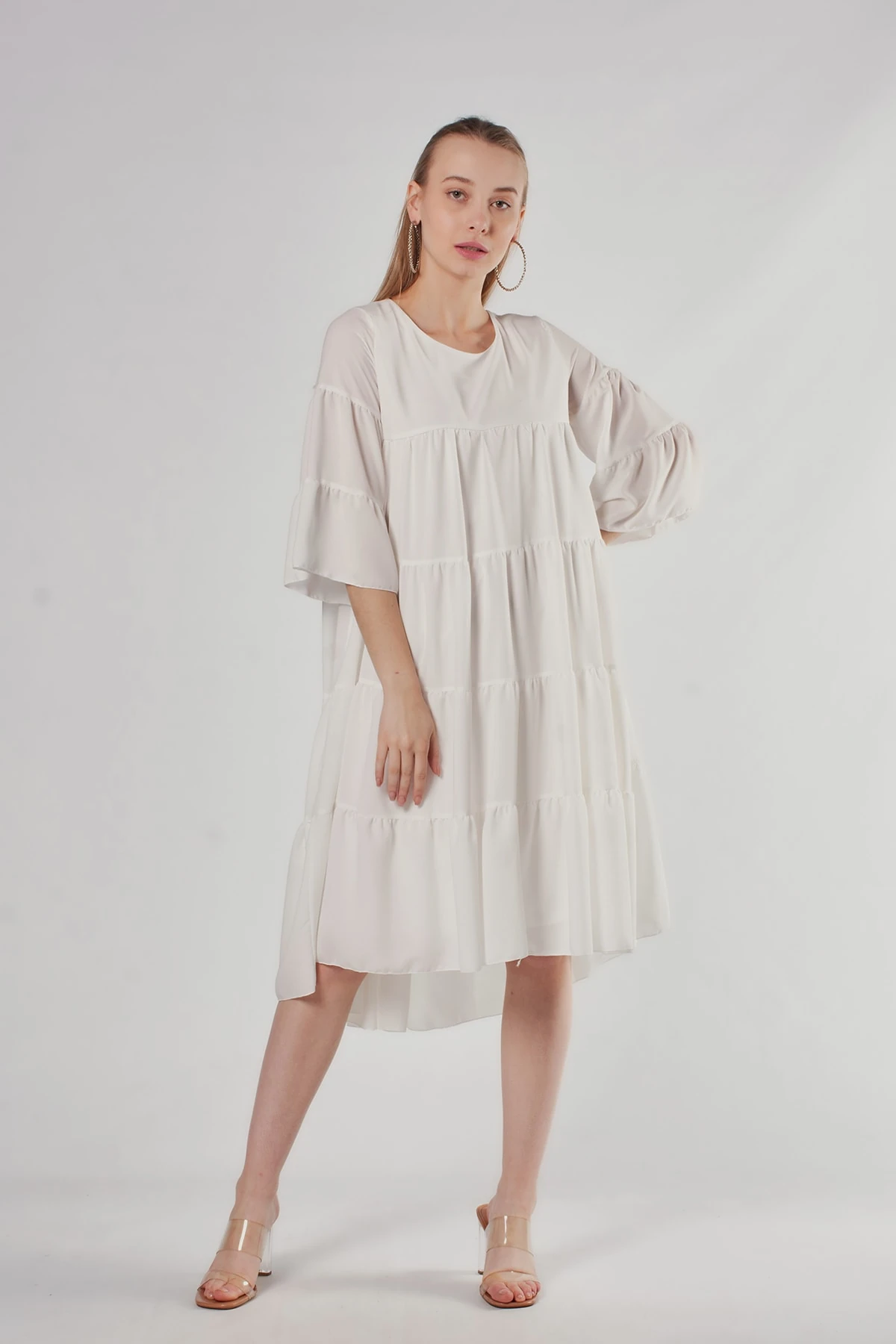 Beyaz Midi Boy Asimetrik Elbise