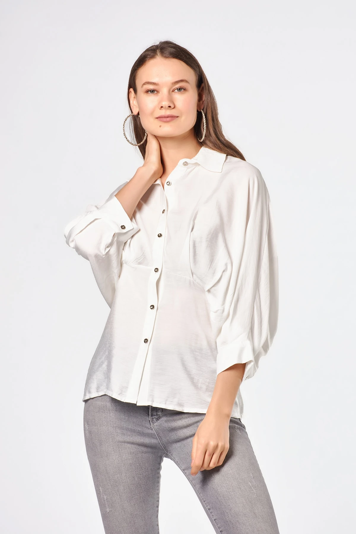 Yarasa Kol Ekru Boyfriend Kadın Gömlek