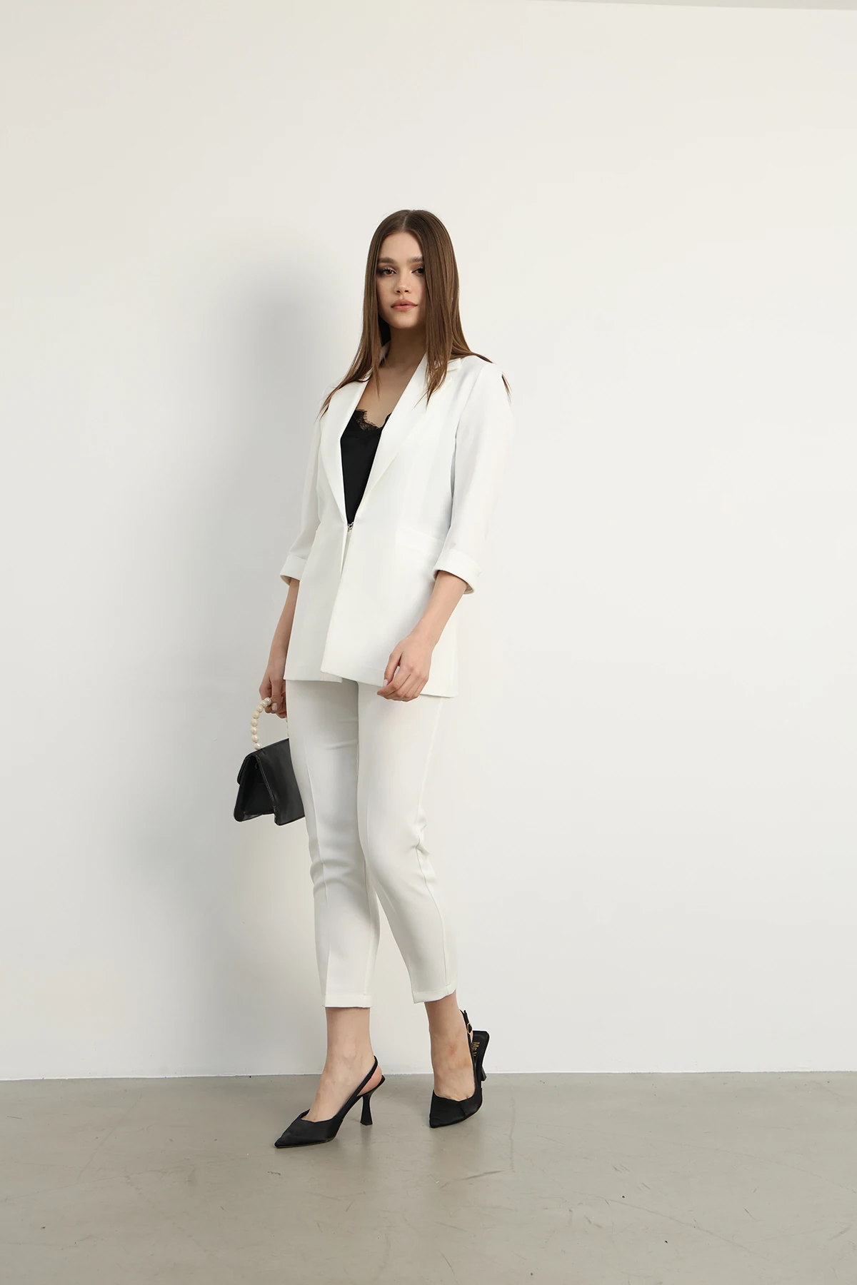 Agraf Detaylı Klasik Ceket ve Kumaş Pantolon Bej - ekru