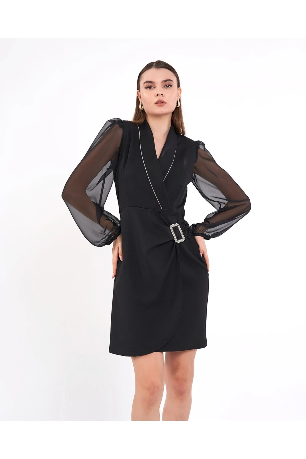 Taşlı Tokalı Şifon Kollu Mini Elbise