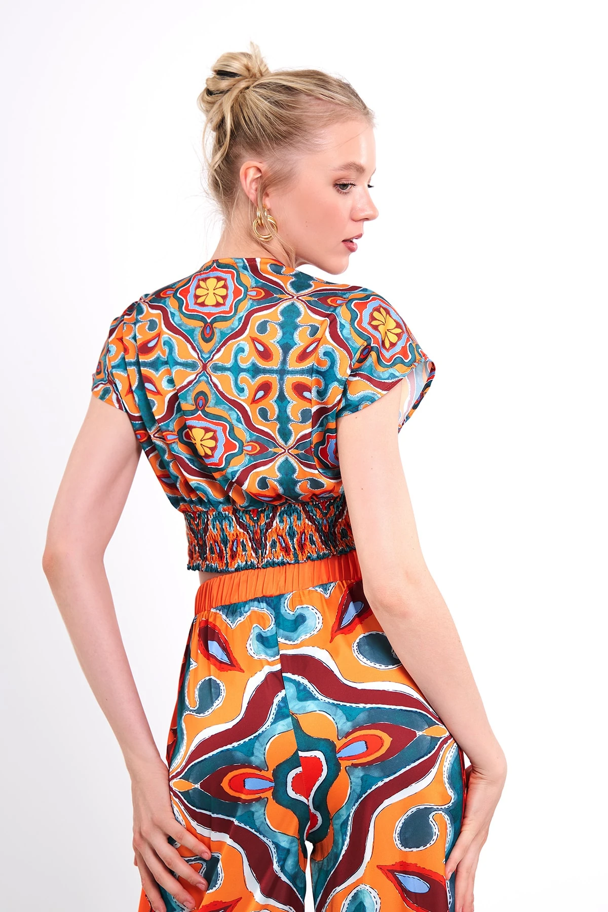 DESENLİ KISA KOLU BLUZ PANTOLON ORANJ TAKIM