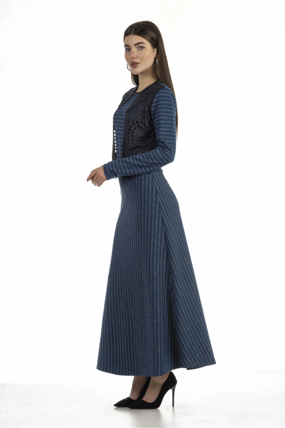 Kadın Lacivert Çizgili Uzun Elbise