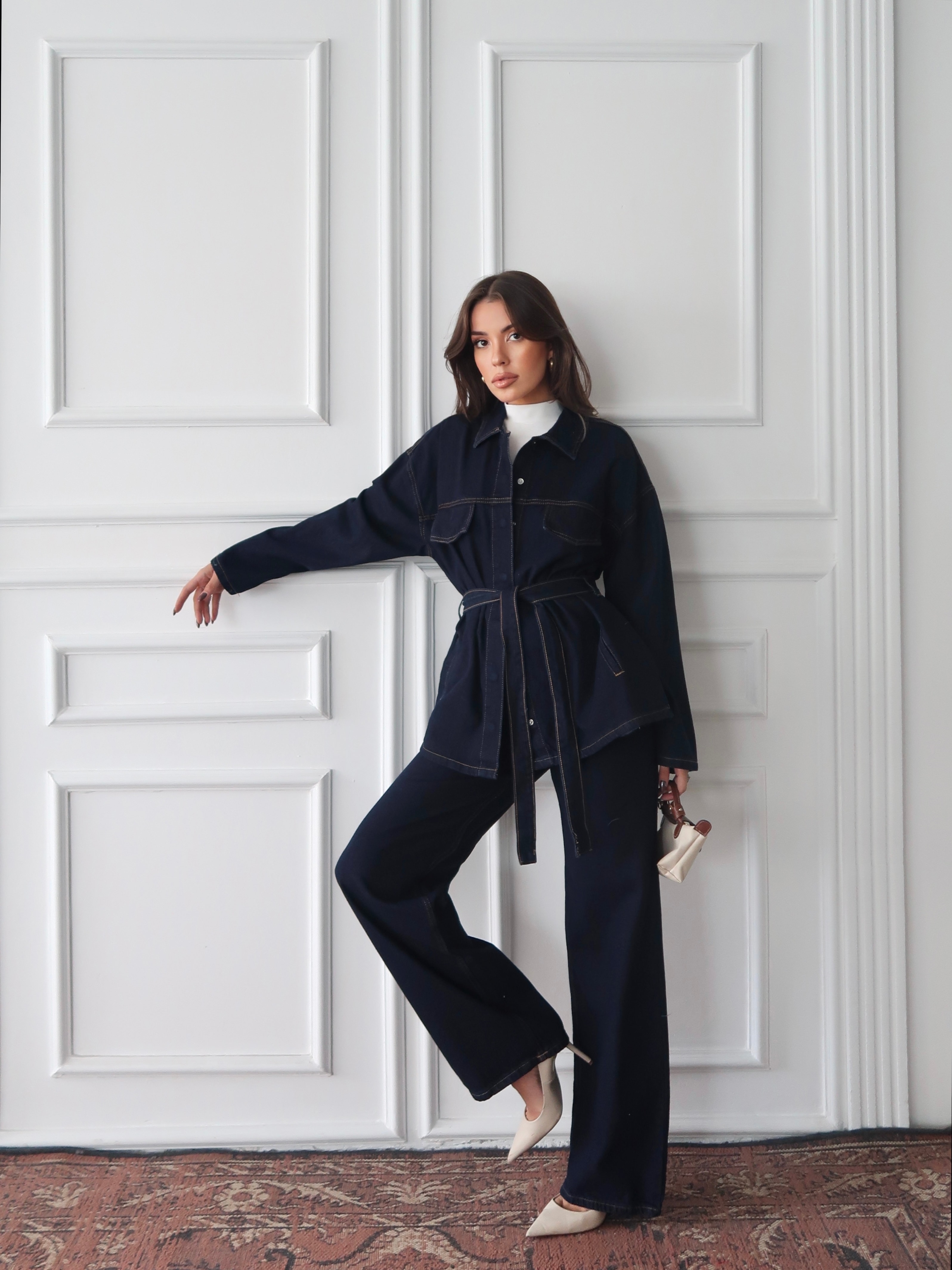 Lacivert Kemerli Geniş Paça Denim Takım