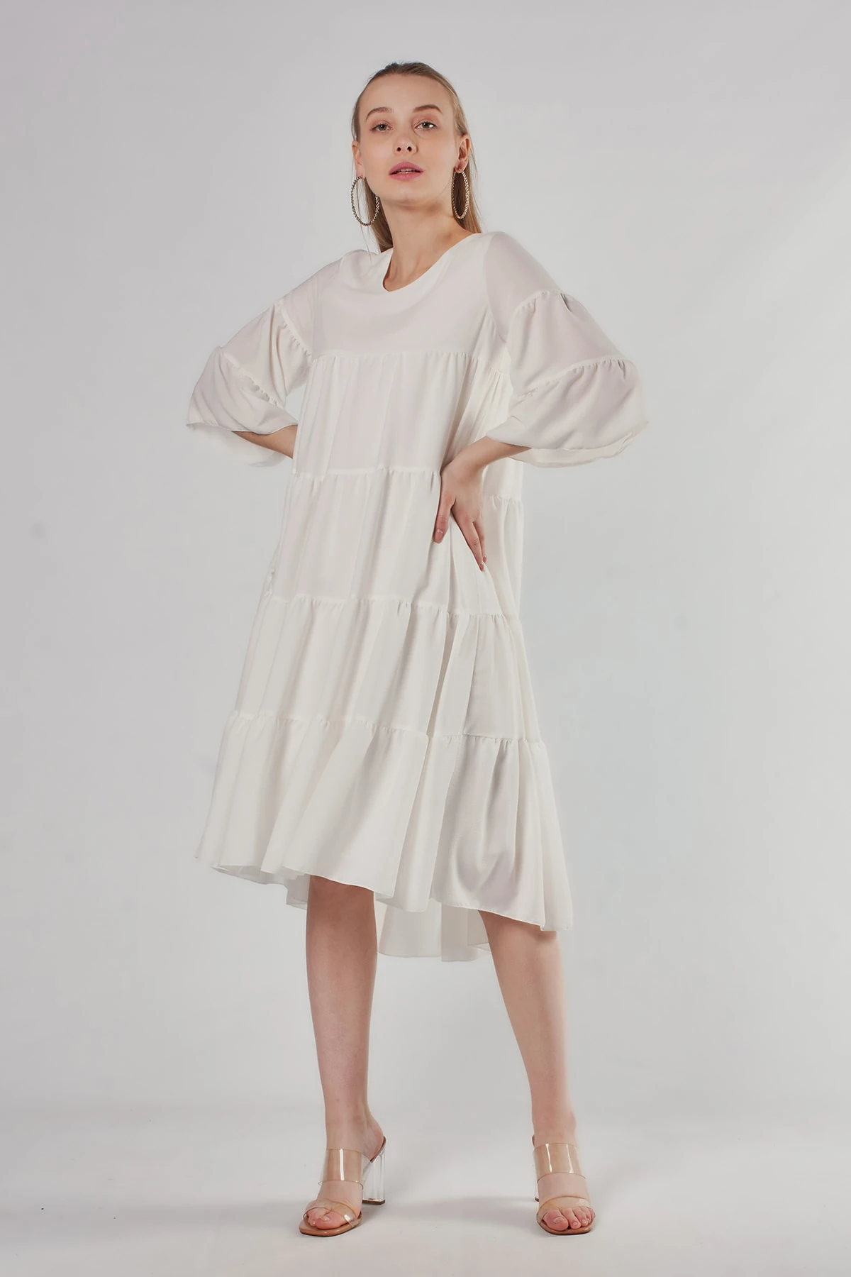 Beyaz Midi Boy Asimetrik Elbise