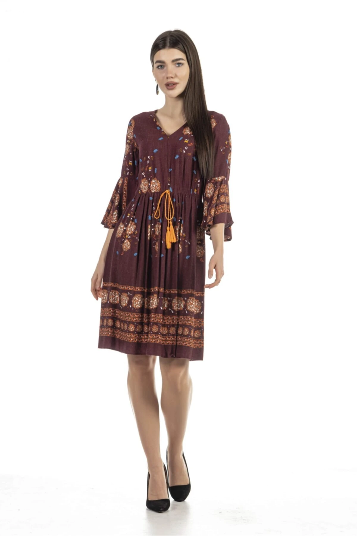 Çiçek Desenli Midi Boy Bordo Elbise