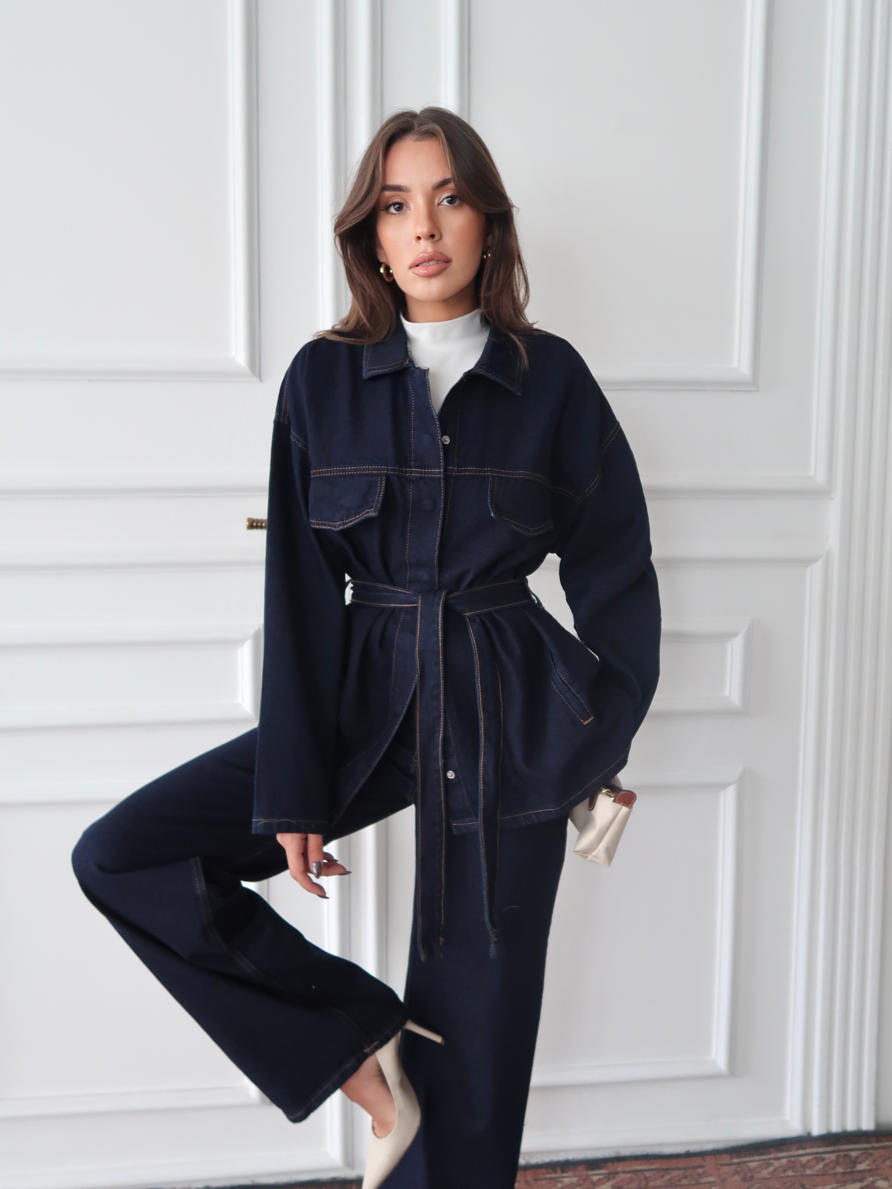 Lacivert Kemerli Geniş Paça Denim Takım