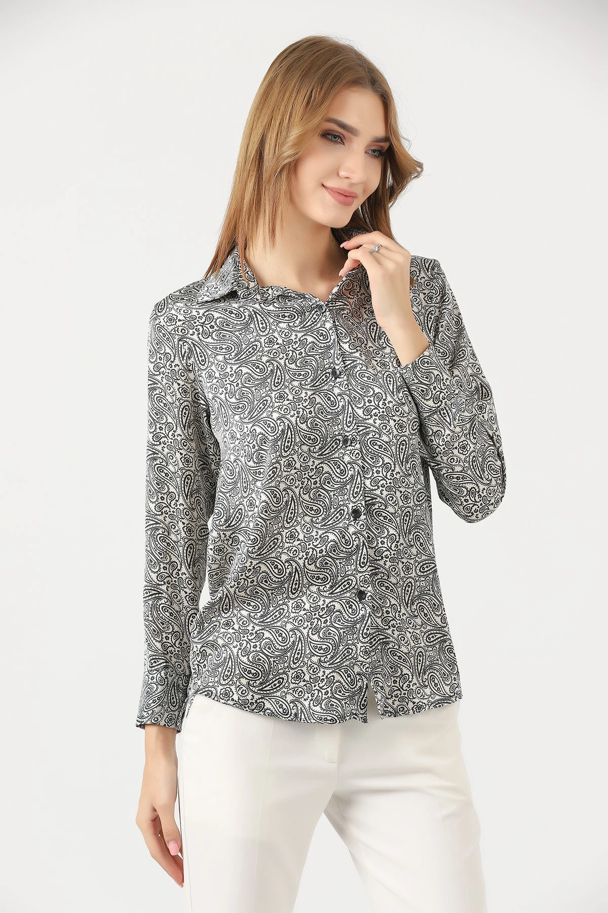 Desenli Saten Bluz