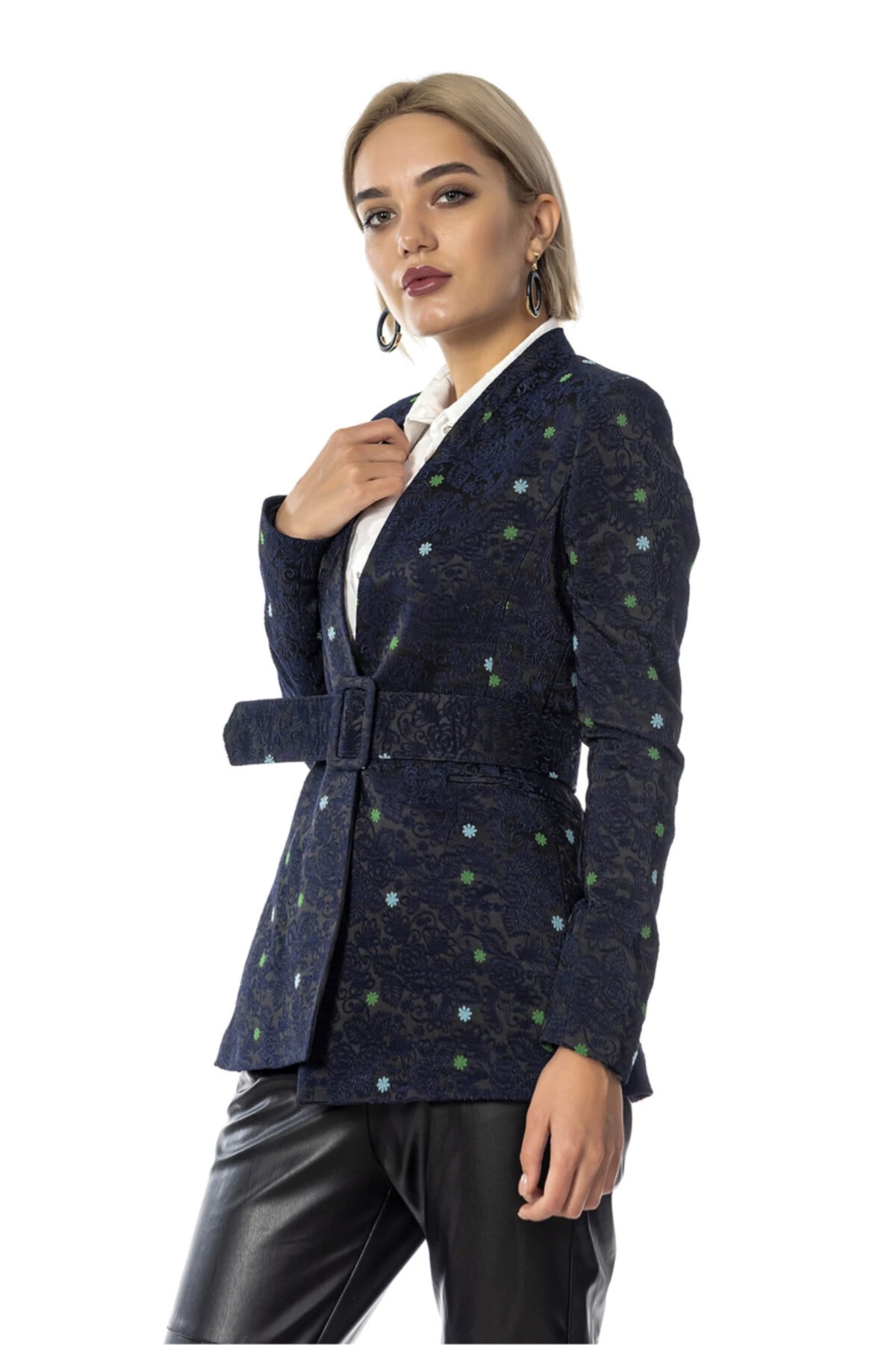Renkli Desenli Kemerli Lacivert Kadın Ceket