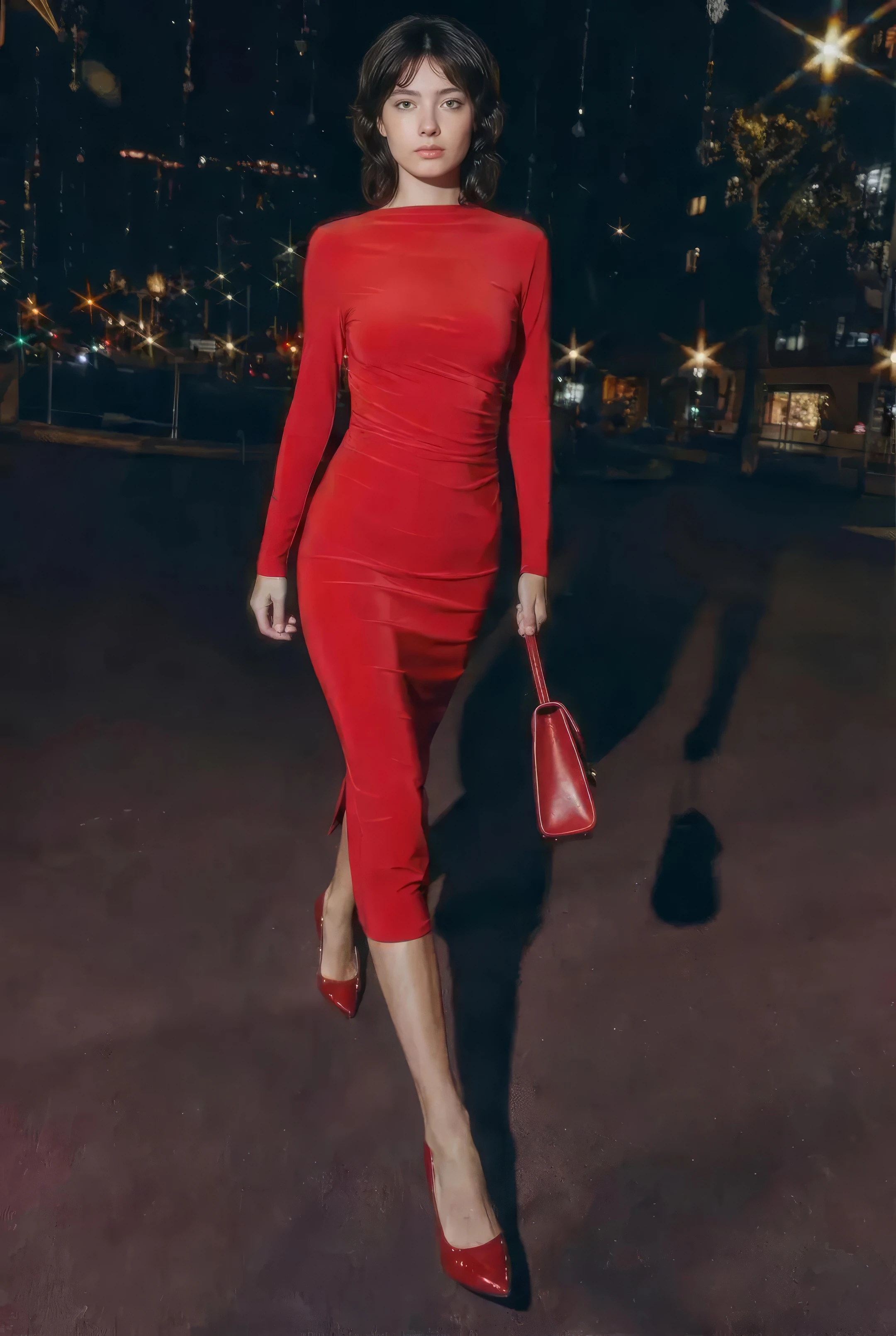 Kırmızı Penye Drapeli Midi Elbise