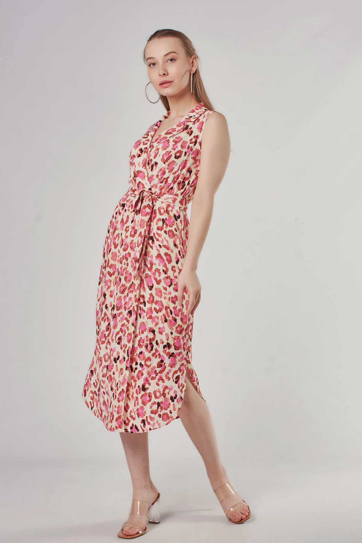 Kruvaze Yaka Pembe Leopar Desenli Anvelop Elbise