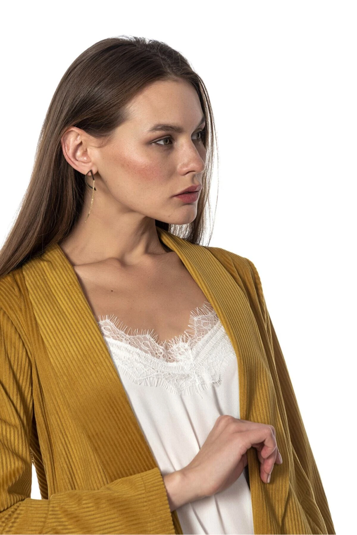 Fitilli Kadife Bej Blazer Kadın Ceket