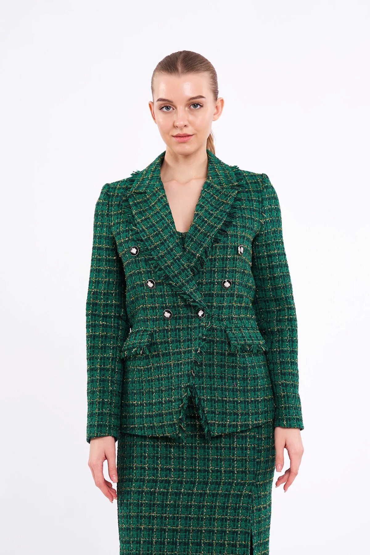 Ekose Simli Yeşil Blazer Ceket