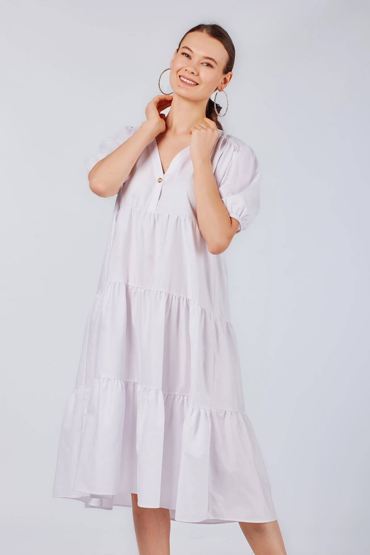 V Yaka Beyaz Midi Boy Elbise