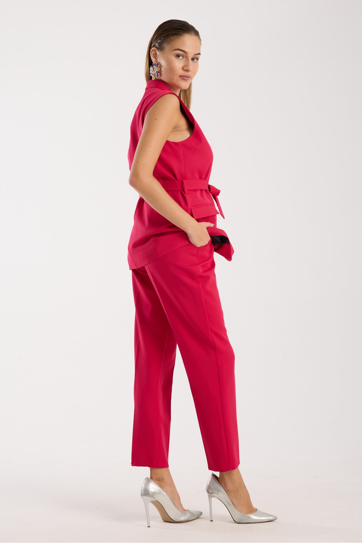 Violet Kuşaklı Yelek Ve Yüksek Bel Pantolon Takım