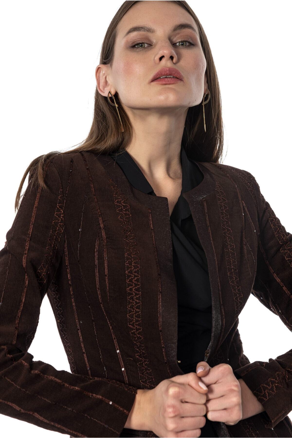 Payetli Kahverengi Blazer Kadın Ceket