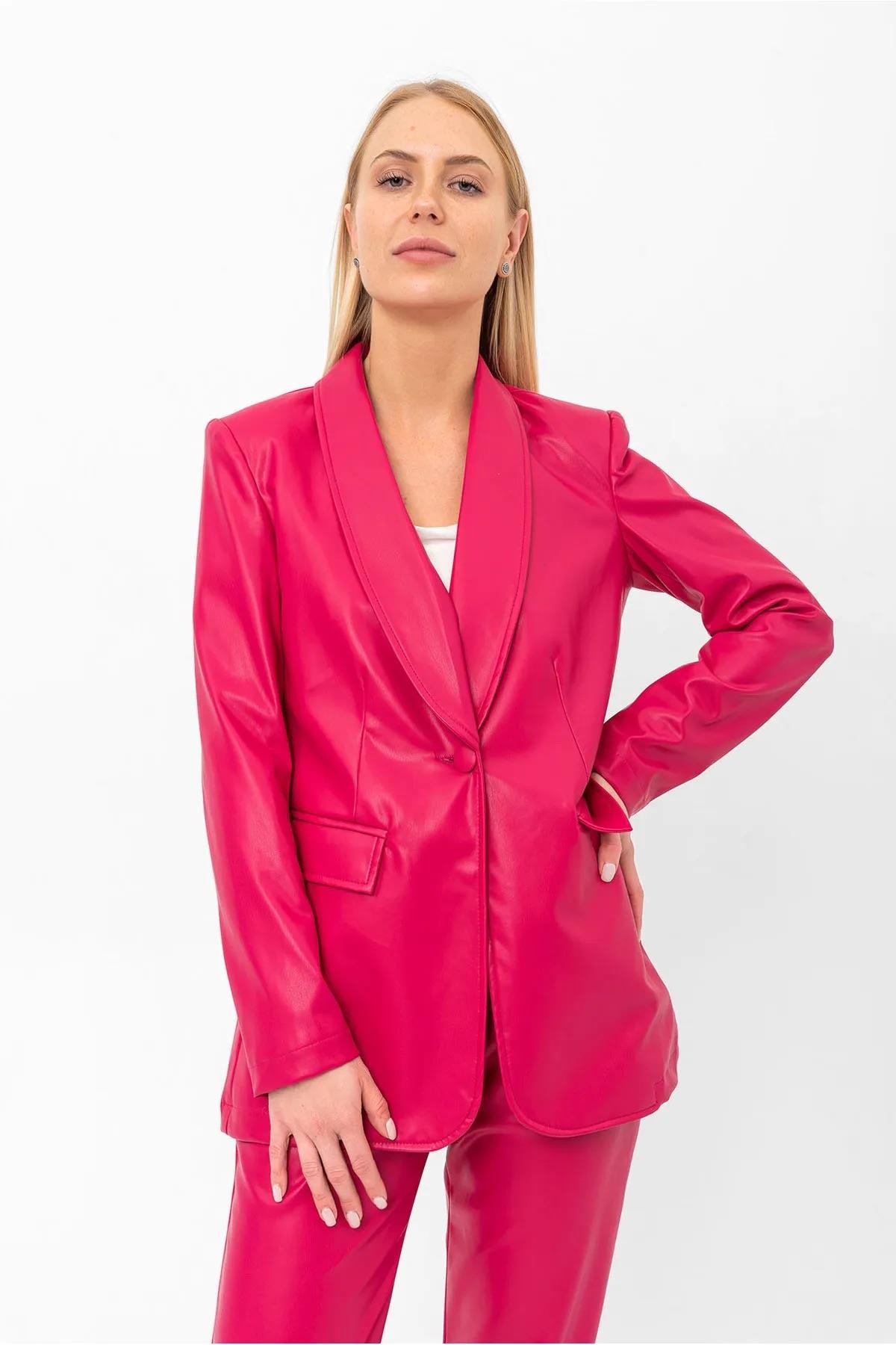 Deri Blazer Düğmeli Ceket Fuşya