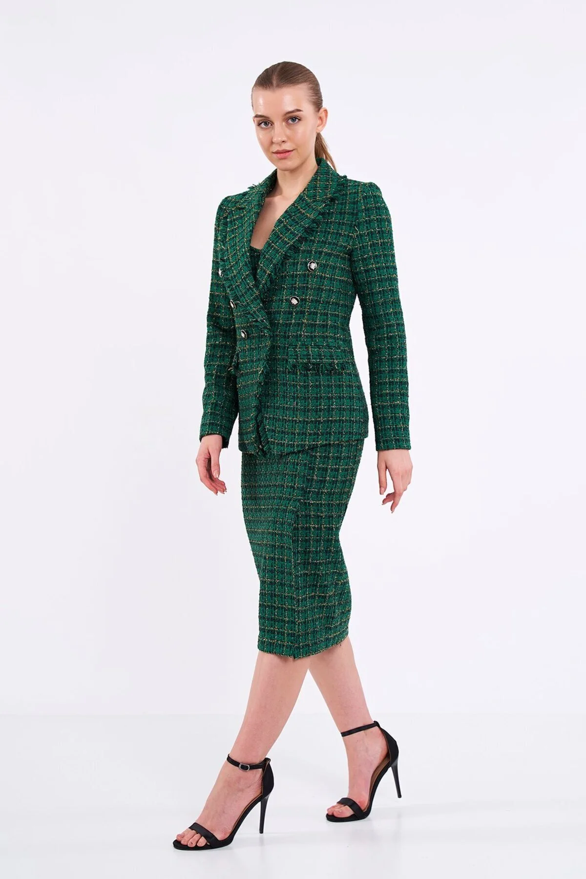 Ekose Simli Yeşil Blazer Ceket