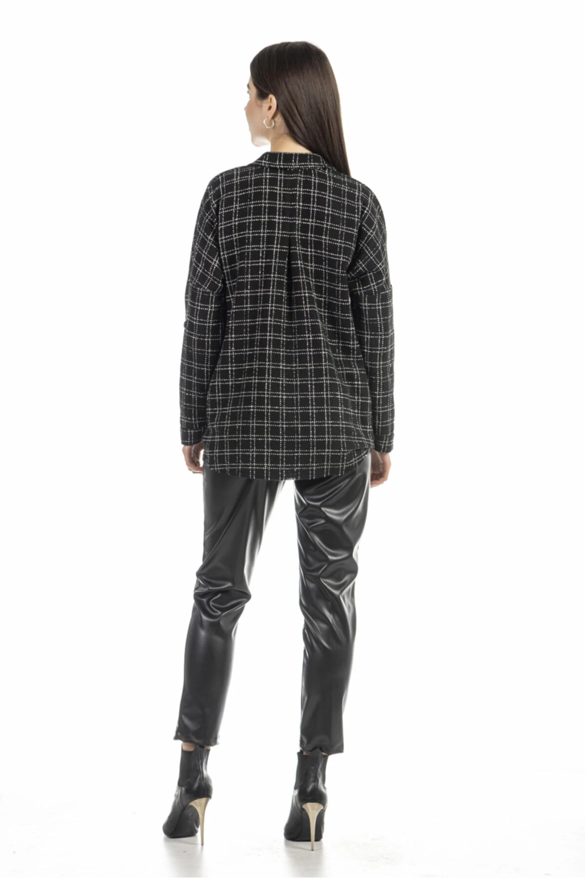Ekose Siyah Kadın Gömlek Ceket