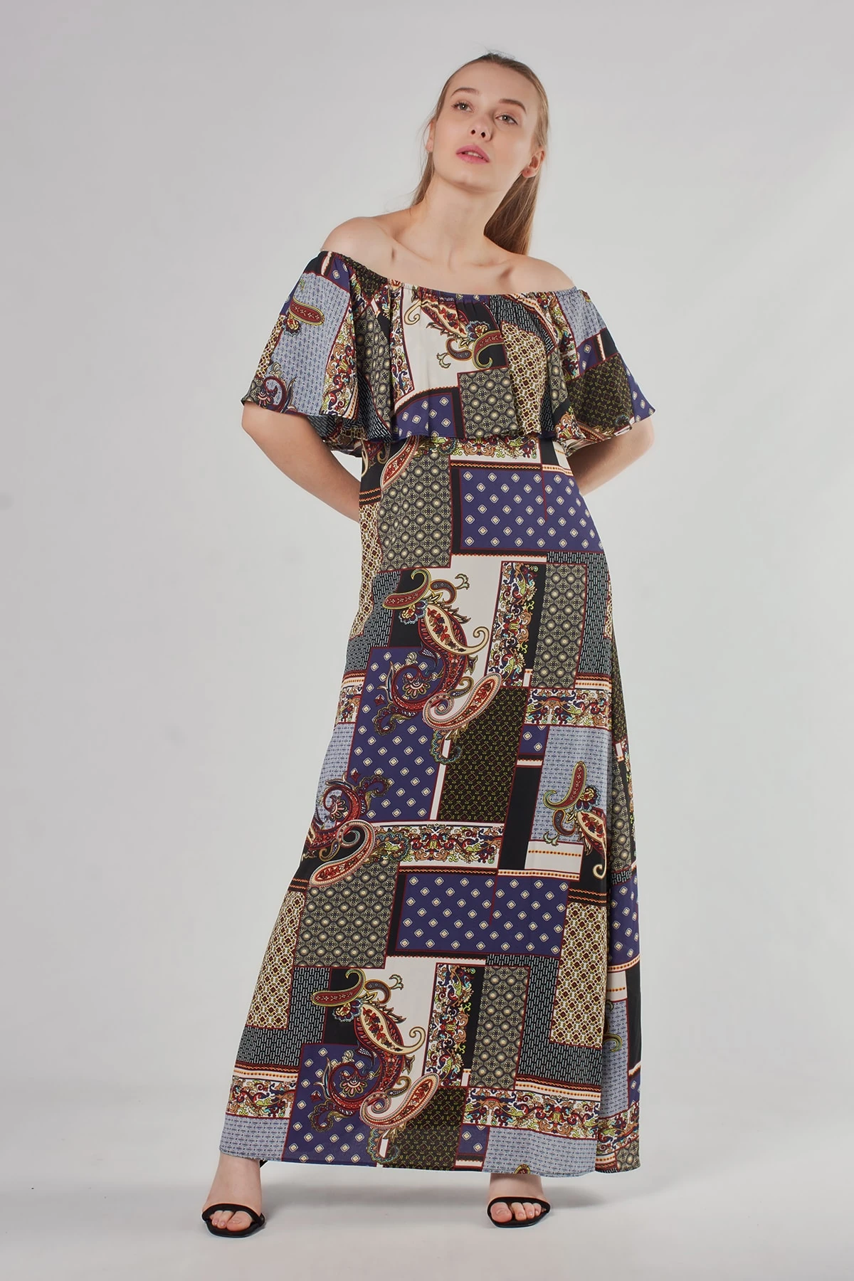Etnik Desenli Lacivert Uzun Elbise
