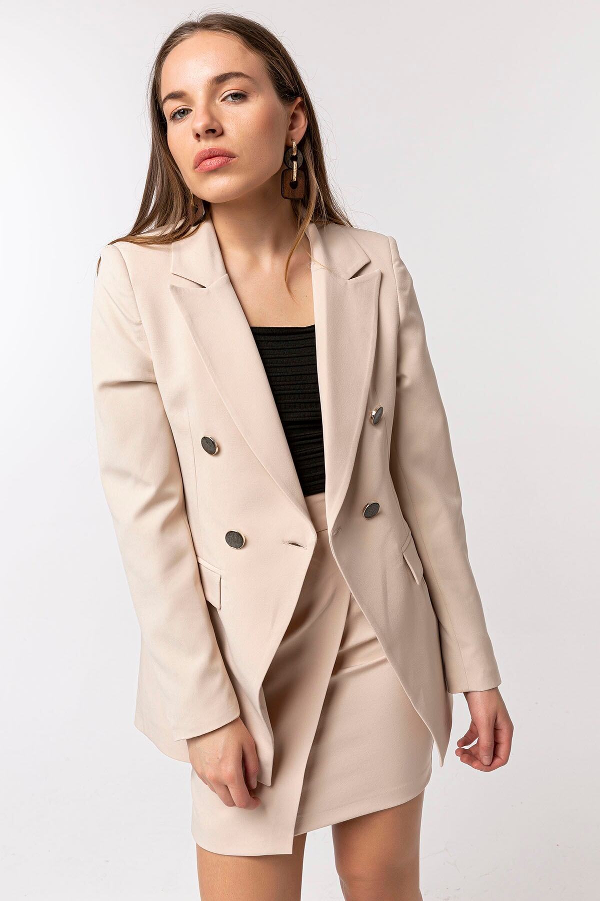 Düğmeli Karamel Kadın Blazer Ceket