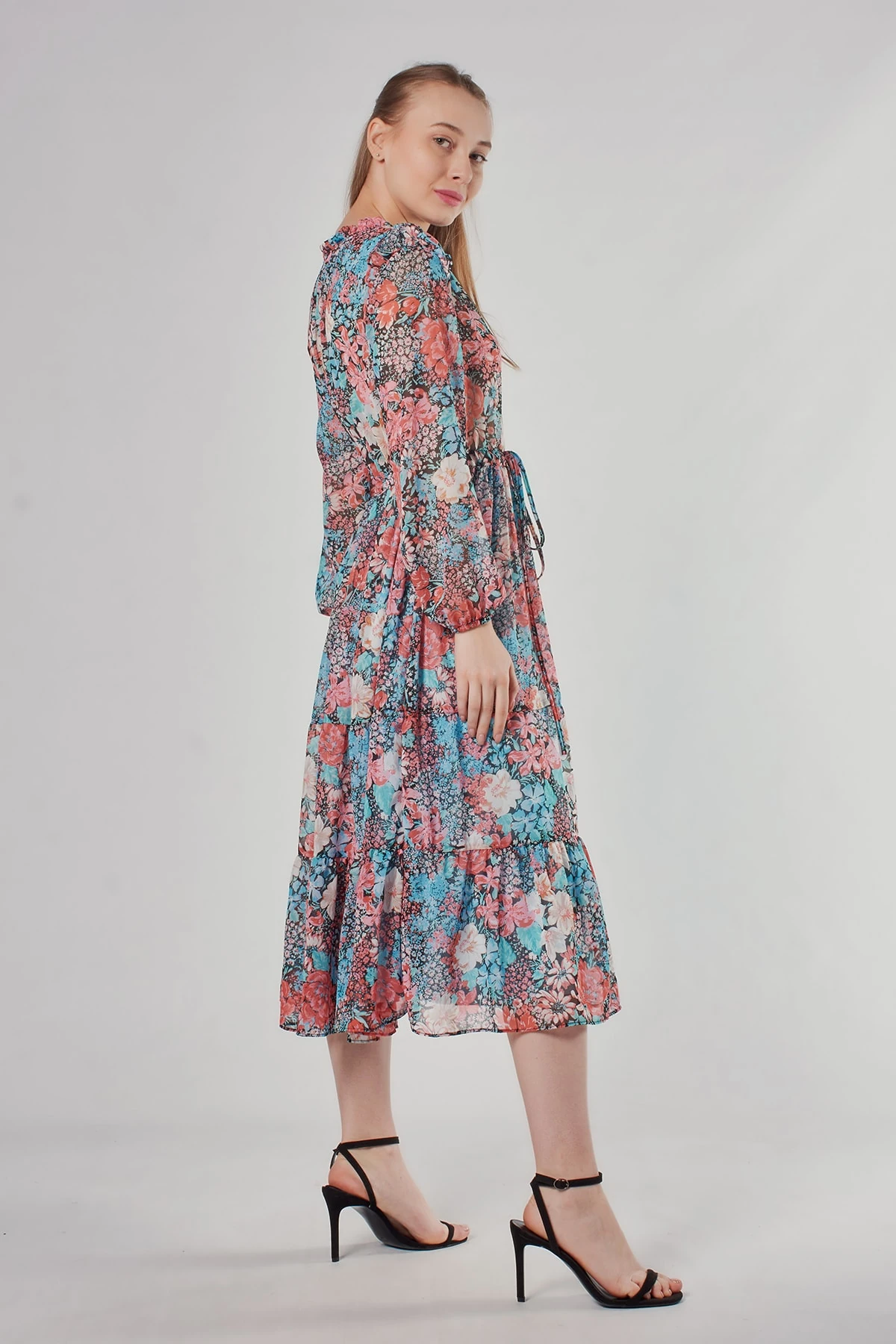 Kadın Mavi Çiçek Desenli Elbise