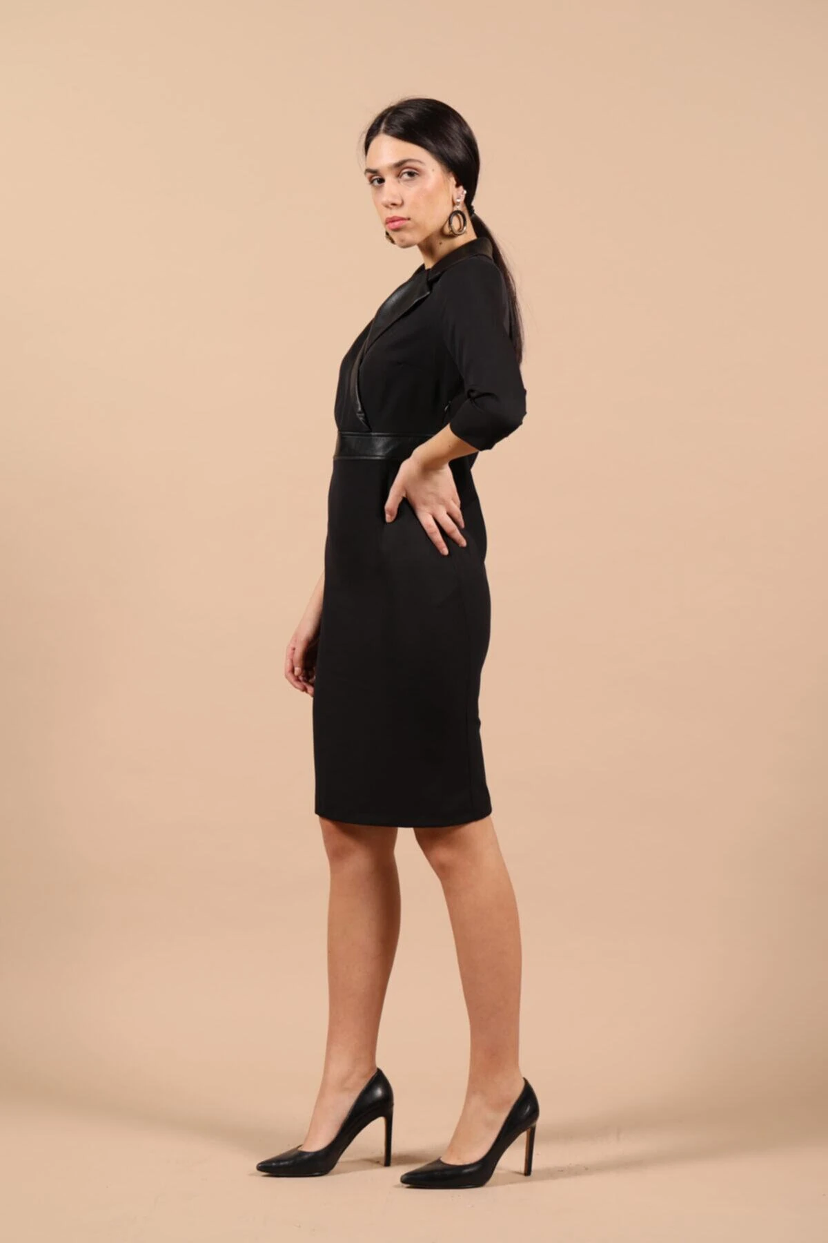 Kadın Siyah Deri Kombinli Elbise