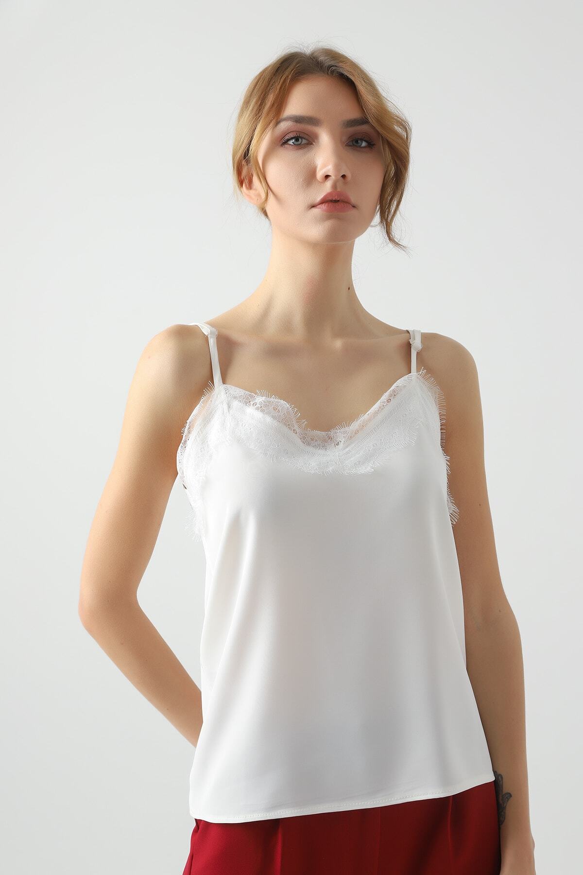 Kadın Ekru Askılı Dantelli Bluz