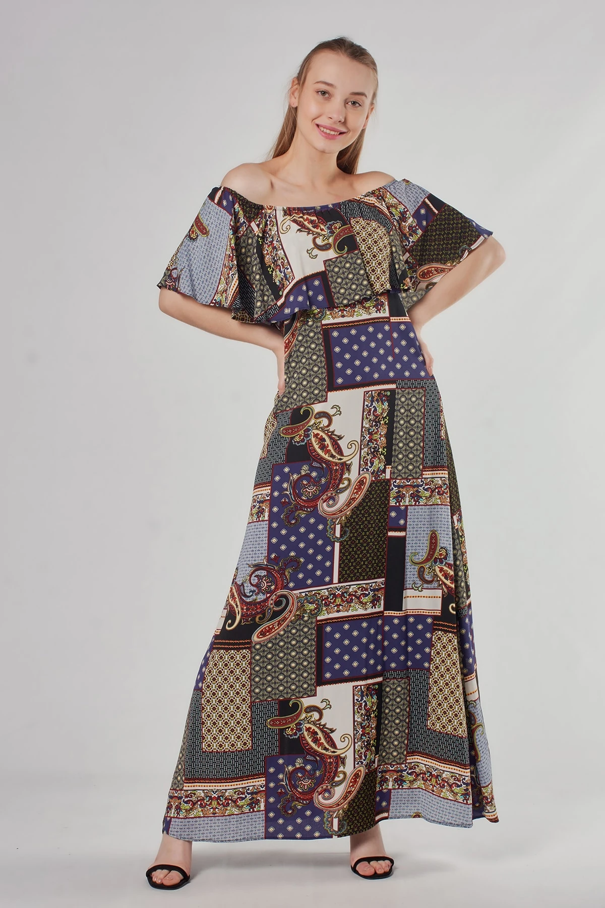 Etnik Desenli Lacivert Uzun Elbise