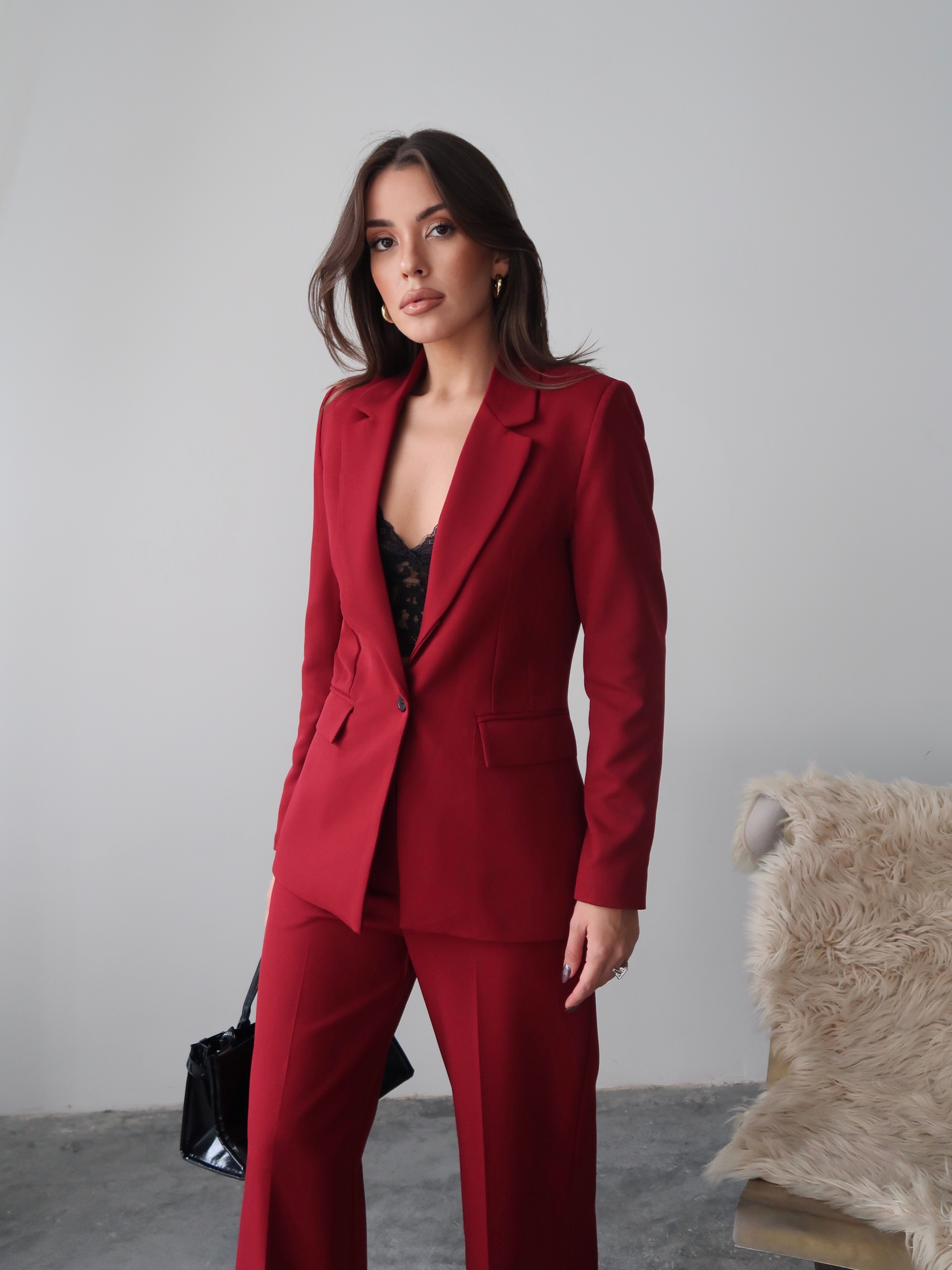 Bordo Düz Paça Klasik Blazer Ceket ve Kumaş Pantolon Takım