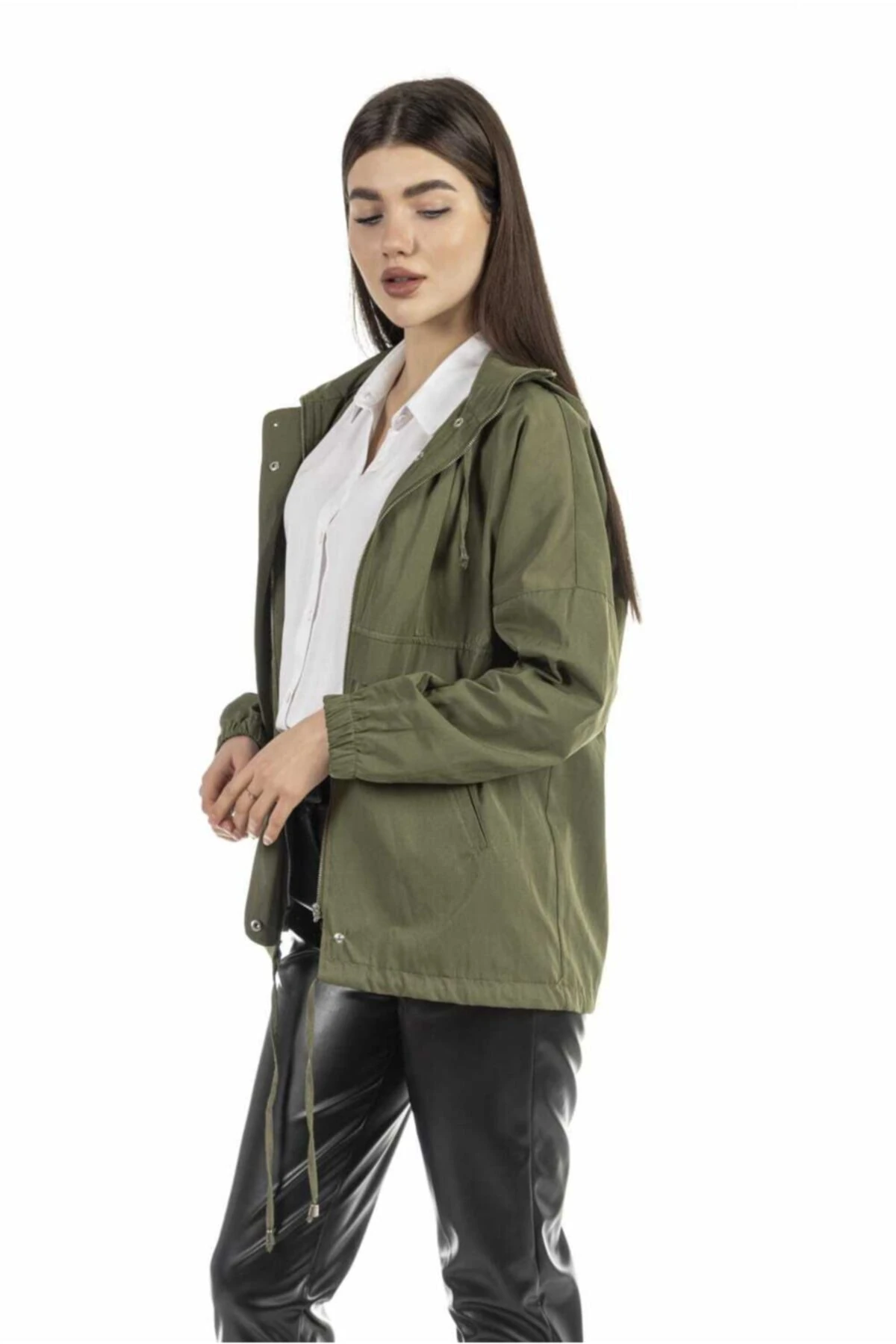 Kadın Haki Kapüşonlu Yağmurluk